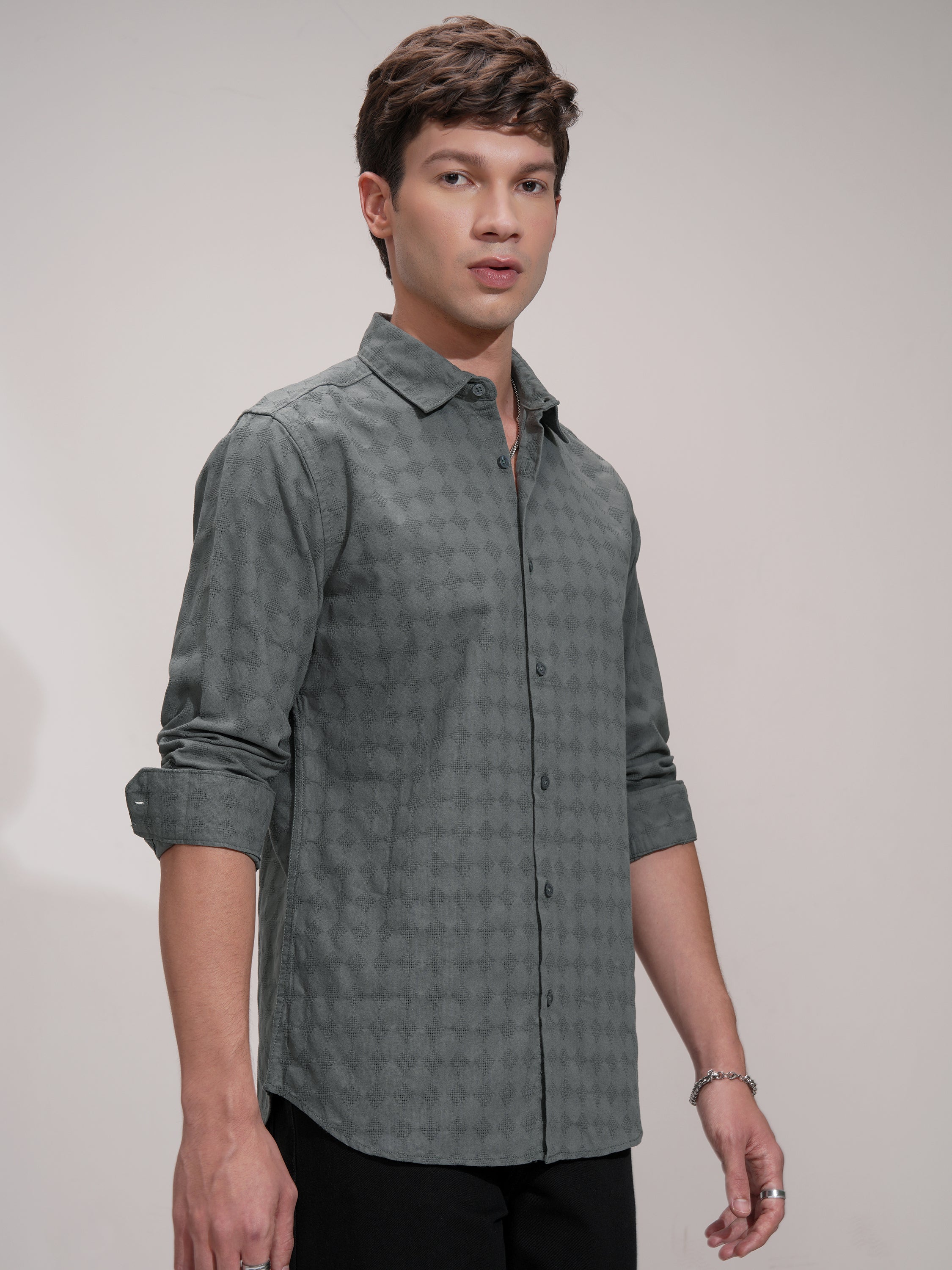 Highlander Men Charcoal Self Design Slim Fit Casual Shirt - Charcoal - Image 6