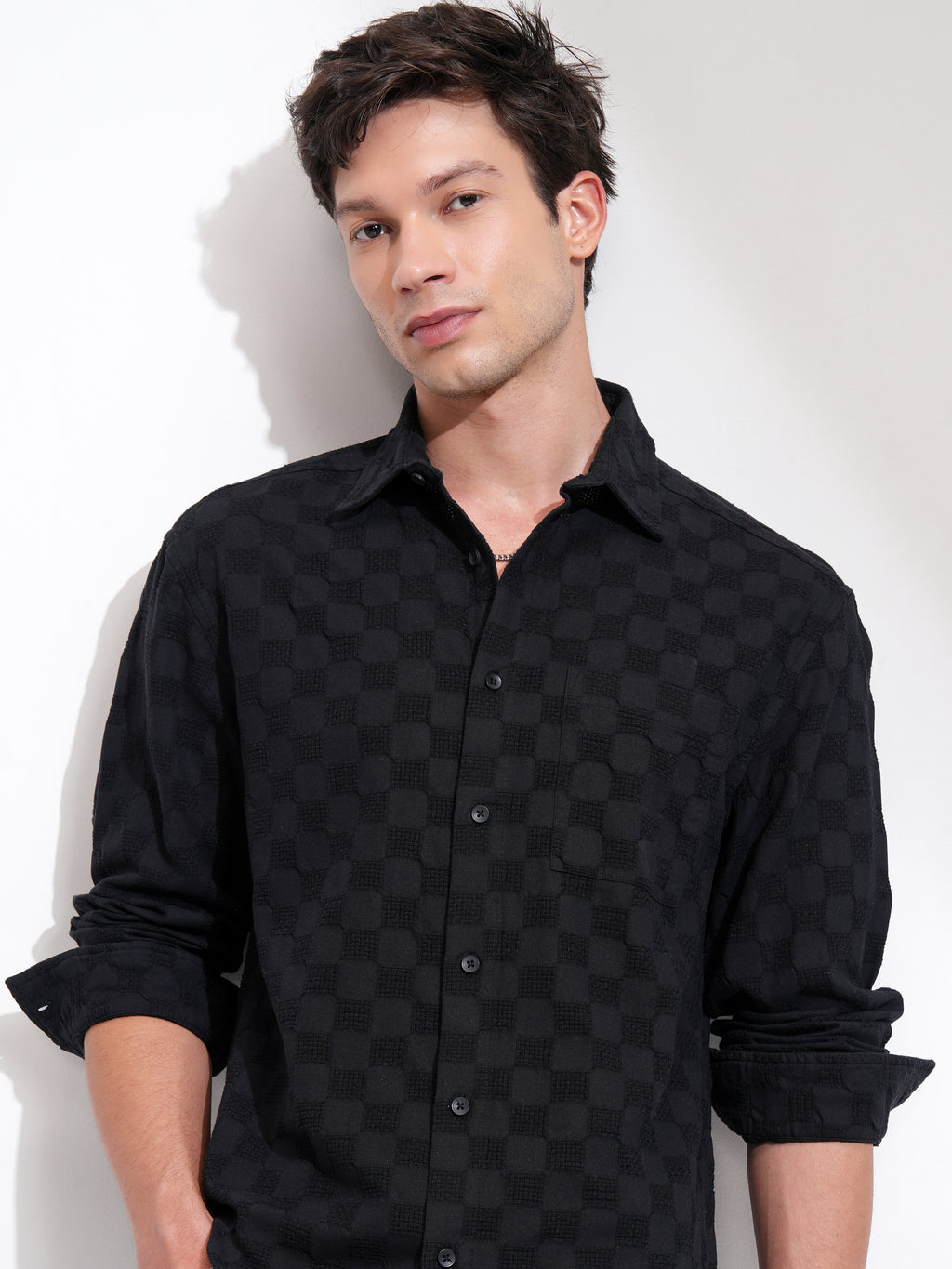 Highlander Men Black Self Design Relaxed Fit Casual Shirt - Black - Image 1