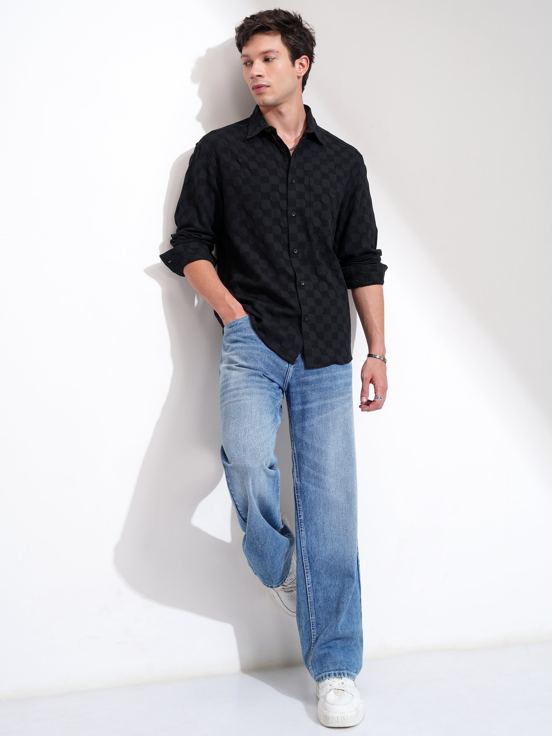 Highlander Men Black Self Design Relaxed Fit Casual Shirt - Black - Image 2