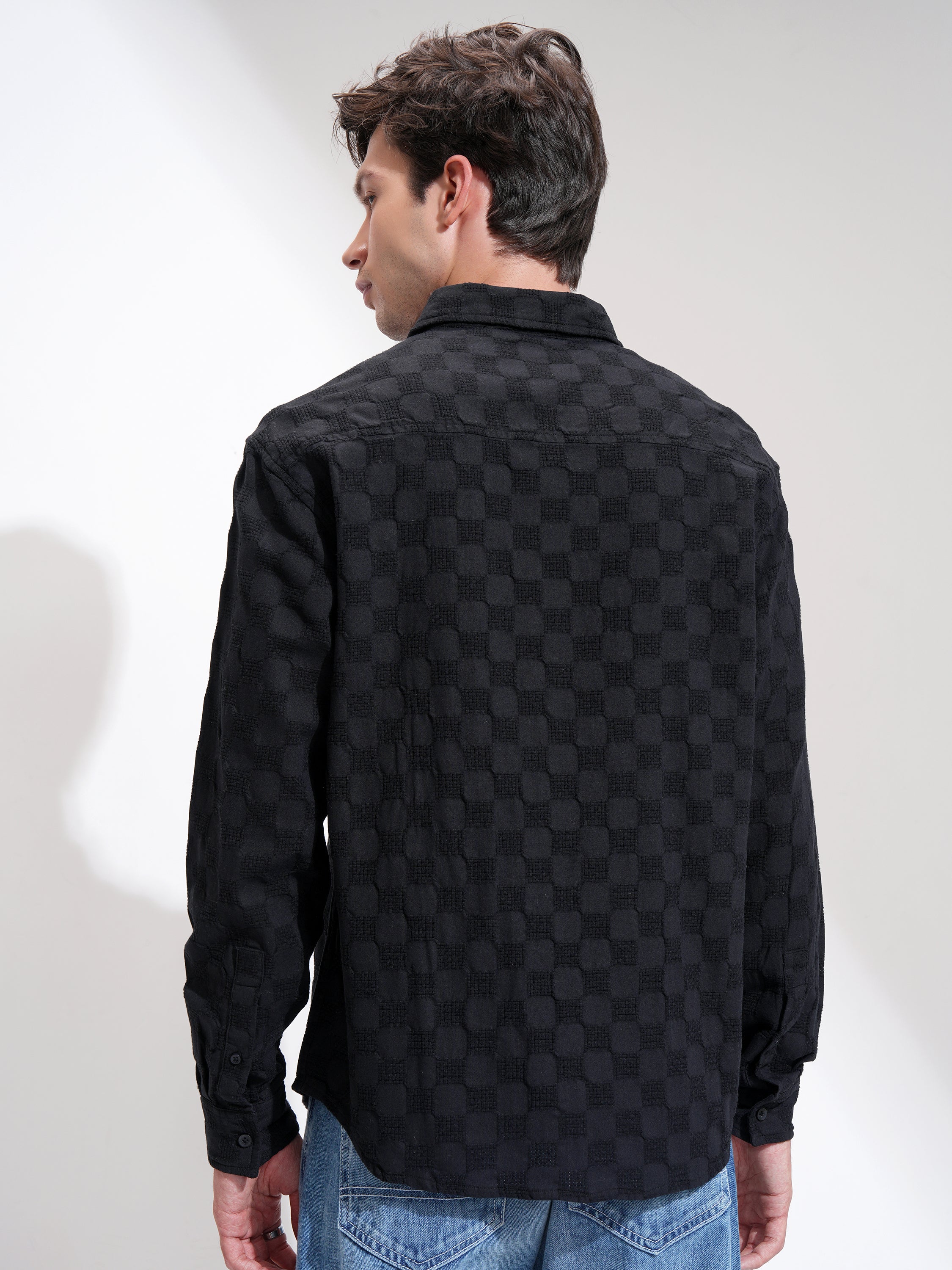 Highlander Men Black Self Design Relaxed Fit Casual Shirt - Black - Image 3