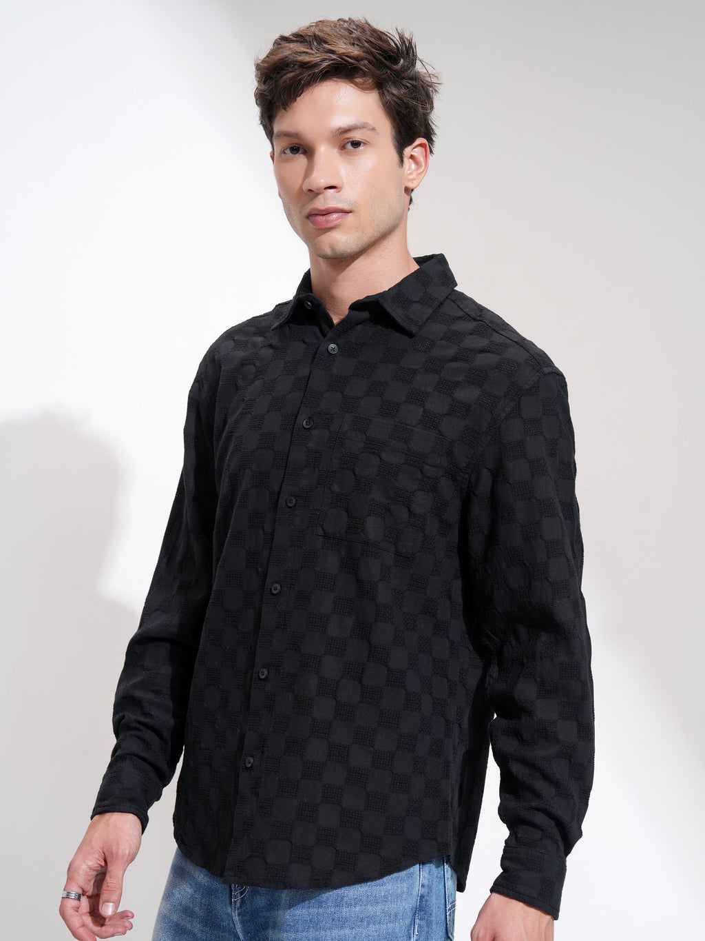 Highlander Men Black Self Design Relaxed Fit Casual Shirt - Black - Image 4