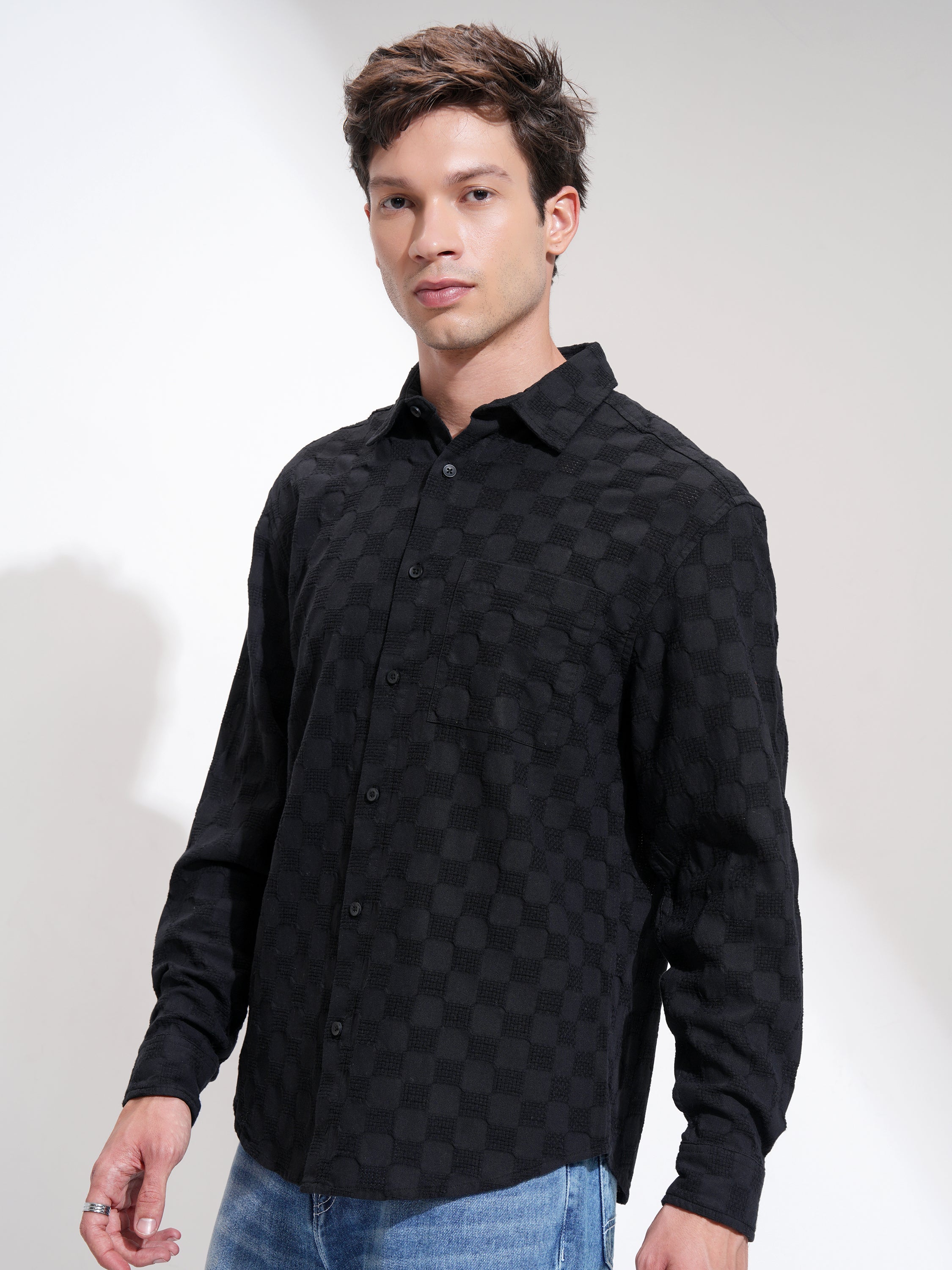 Highlander Men Black Self Design Relaxed Fit Casual Shirt - Black - Image 4