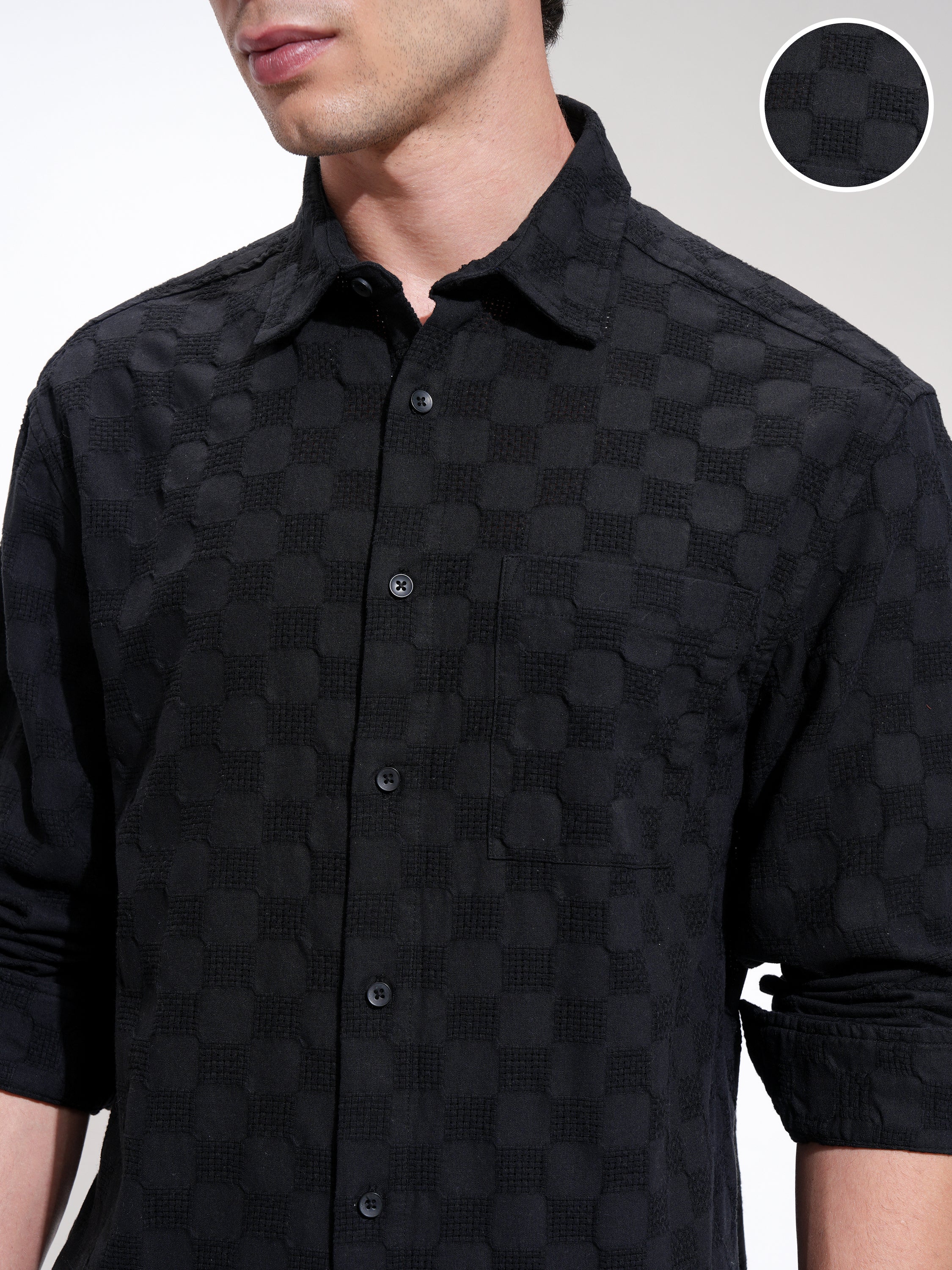 Highlander Men Black Self Design Relaxed Fit Casual Shirt - Black - Image 5