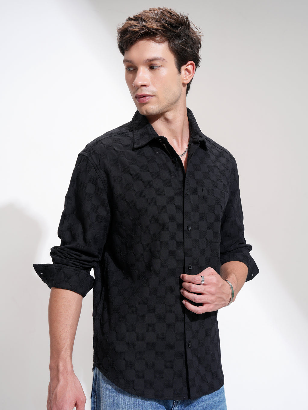 Highlander Men Black Self Design Relaxed Fit Casual Shirt - Black - Image 6