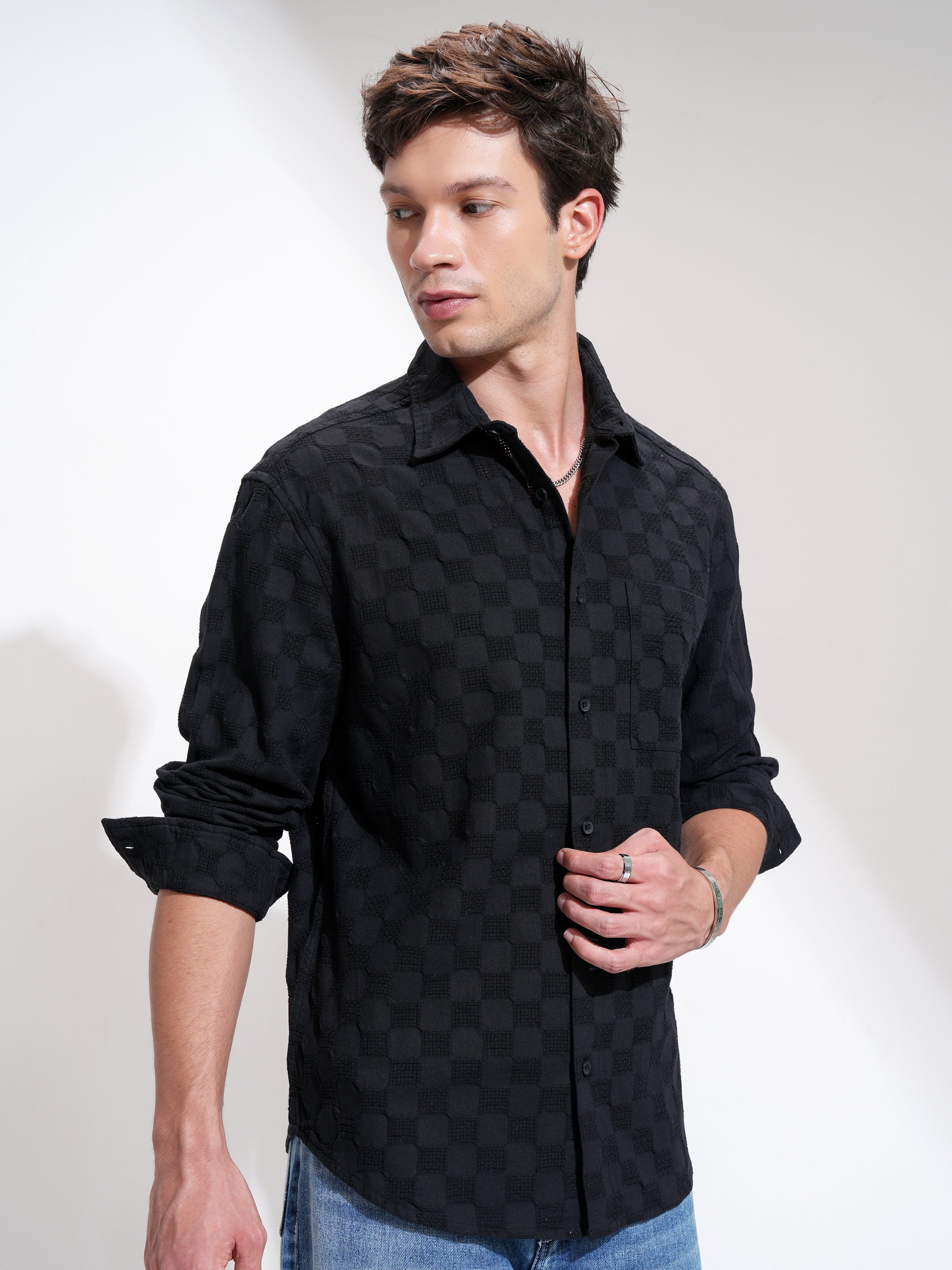 Highlander Men Black Self Design Relaxed Fit Casual Shirt - Black - Image 6