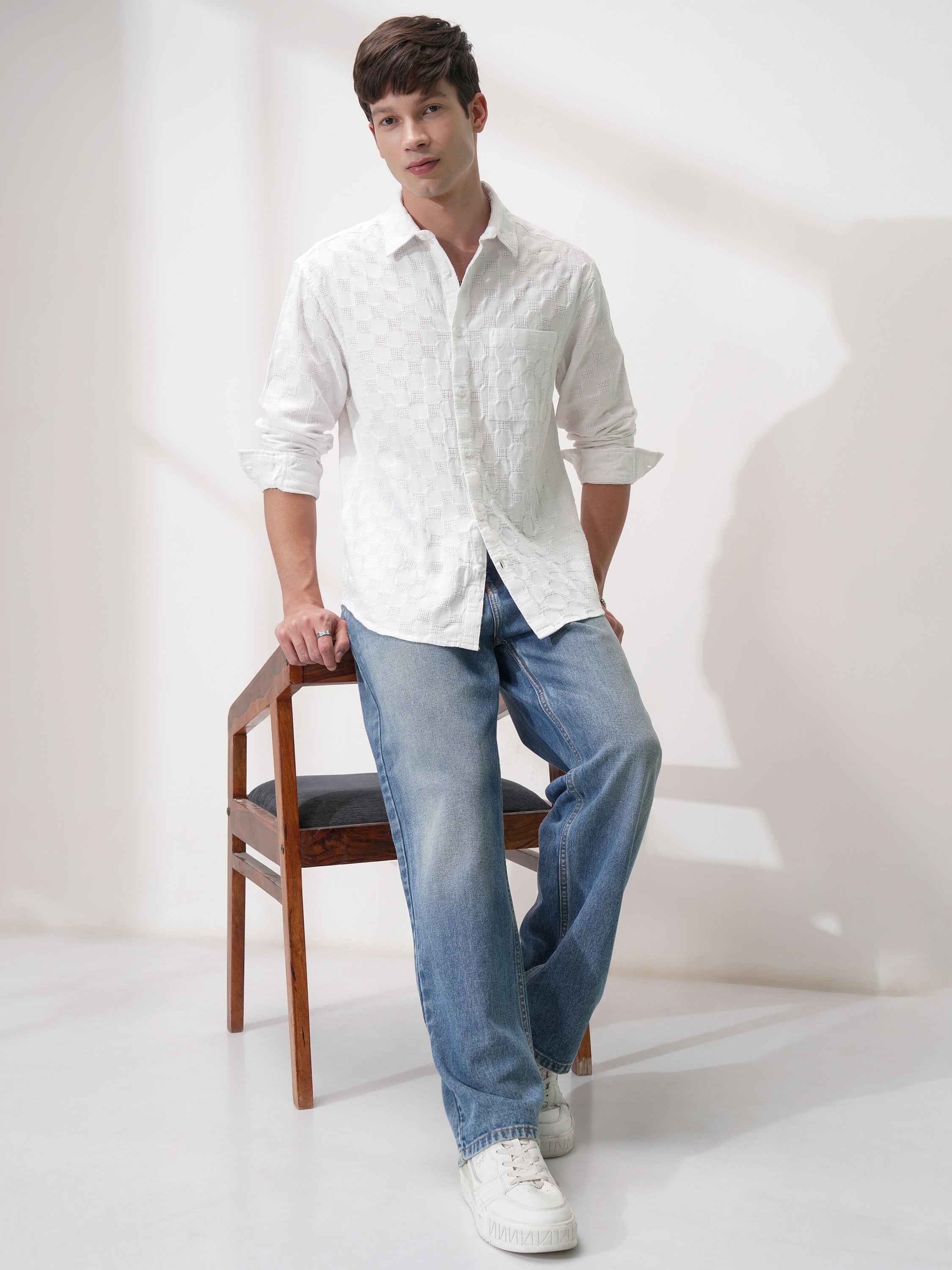 Highlander Men White Self Design Relaxed Fit Casual Shirt - White - Image 2
