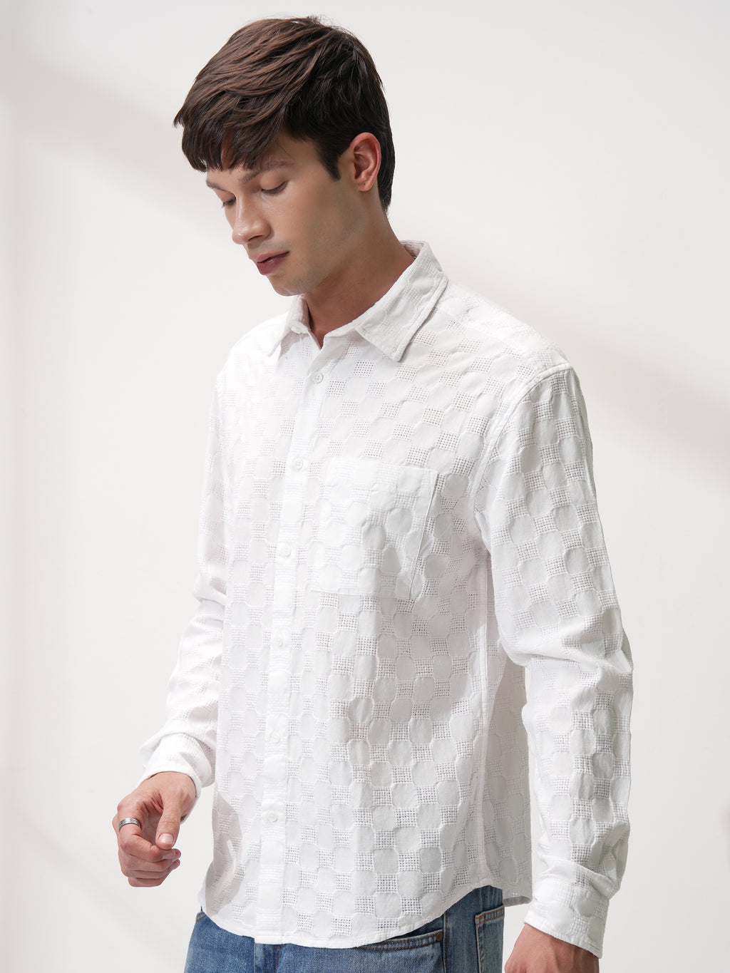 Highlander Men White Self Design Relaxed Fit Casual Shirt - White - Image 4