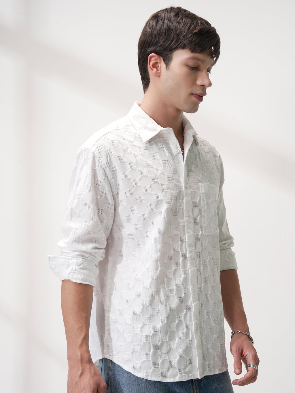 Highlander Men White Self Design Relaxed Fit Casual Shirt - White - Image 6