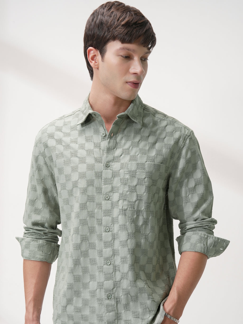 Highlander Men Olive Self Design Relaxed Fit Casual Shirt - Olive - Image 1