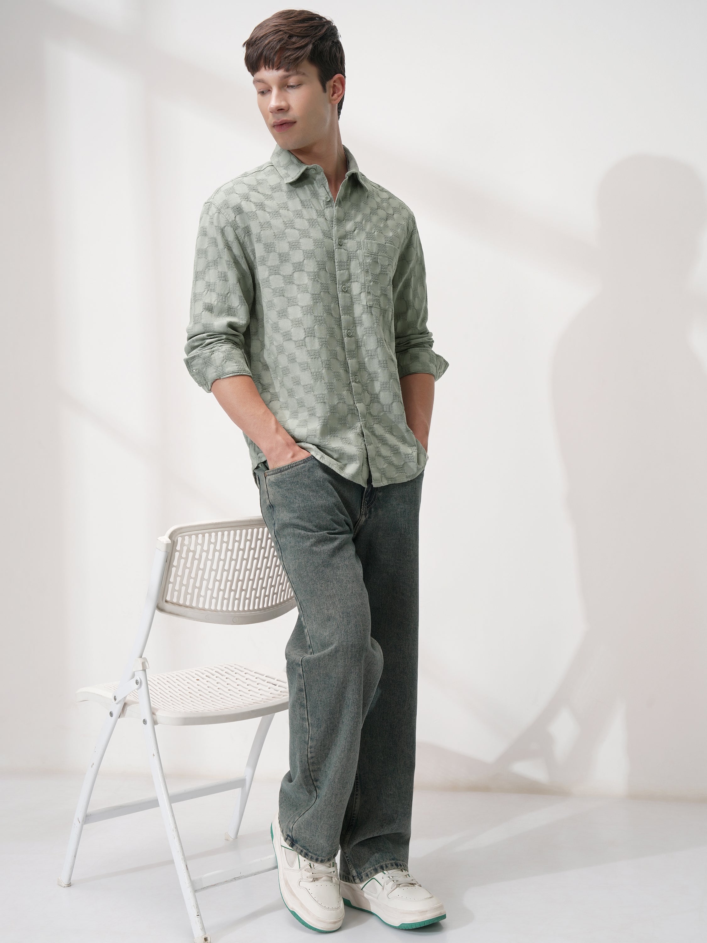 Highlander Men Olive Self Design Relaxed Fit Casual Shirt - Olive - Image 2