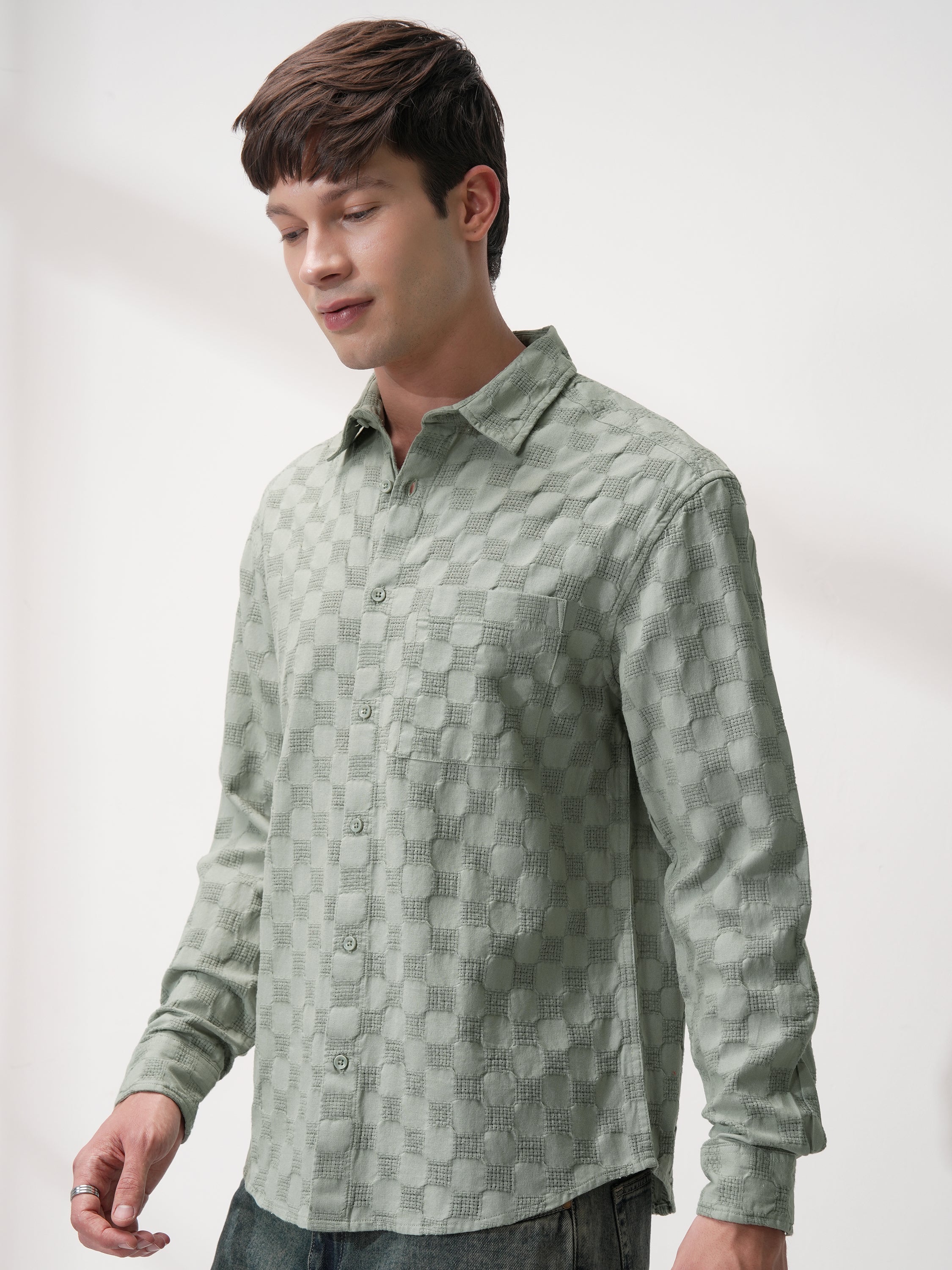 Highlander Men Olive Self Design Relaxed Fit Casual Shirt - Olive - Image 4