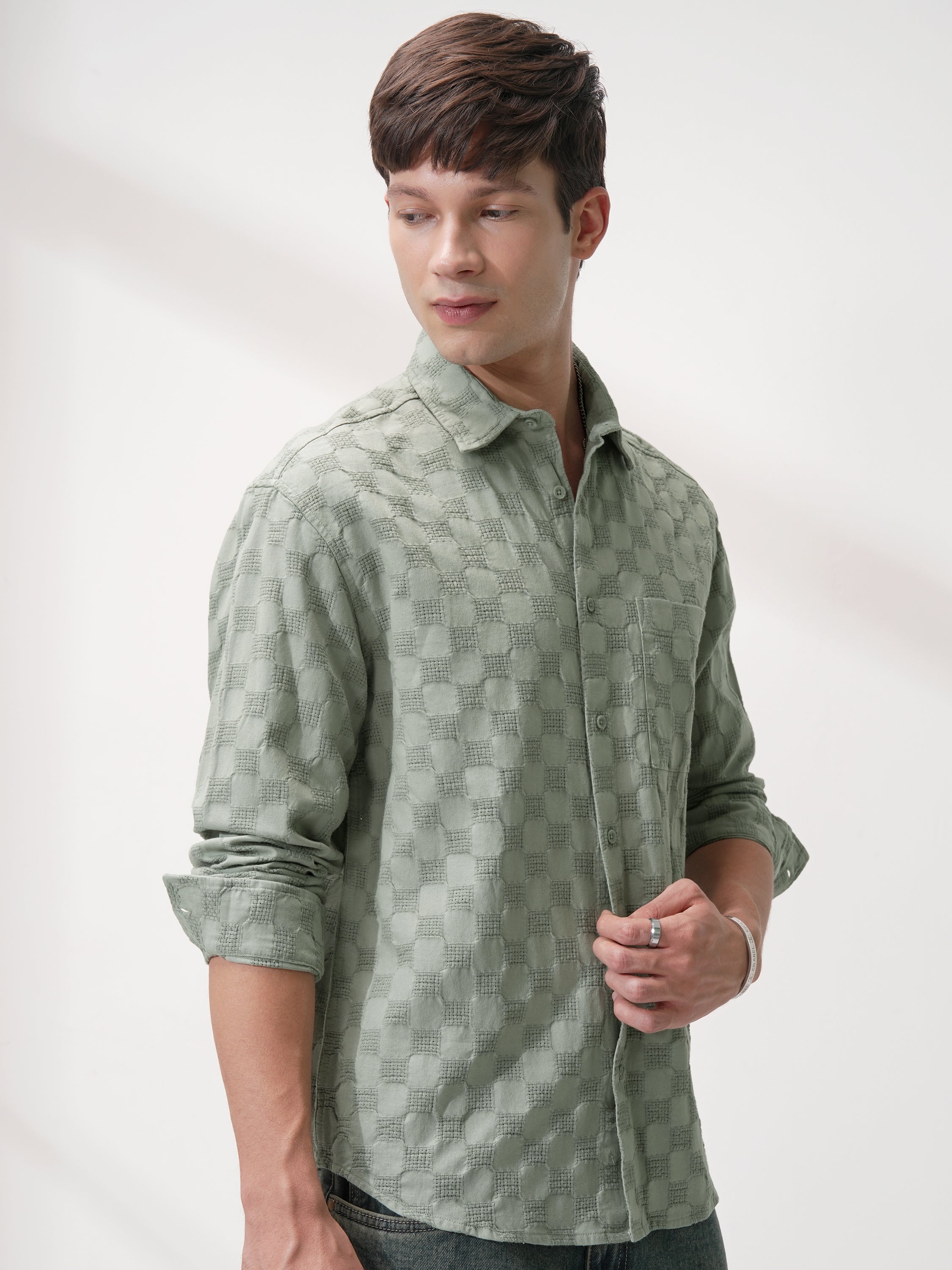 Highlander Men Olive Self Design Relaxed Fit Casual Shirt - Olive - Image 6