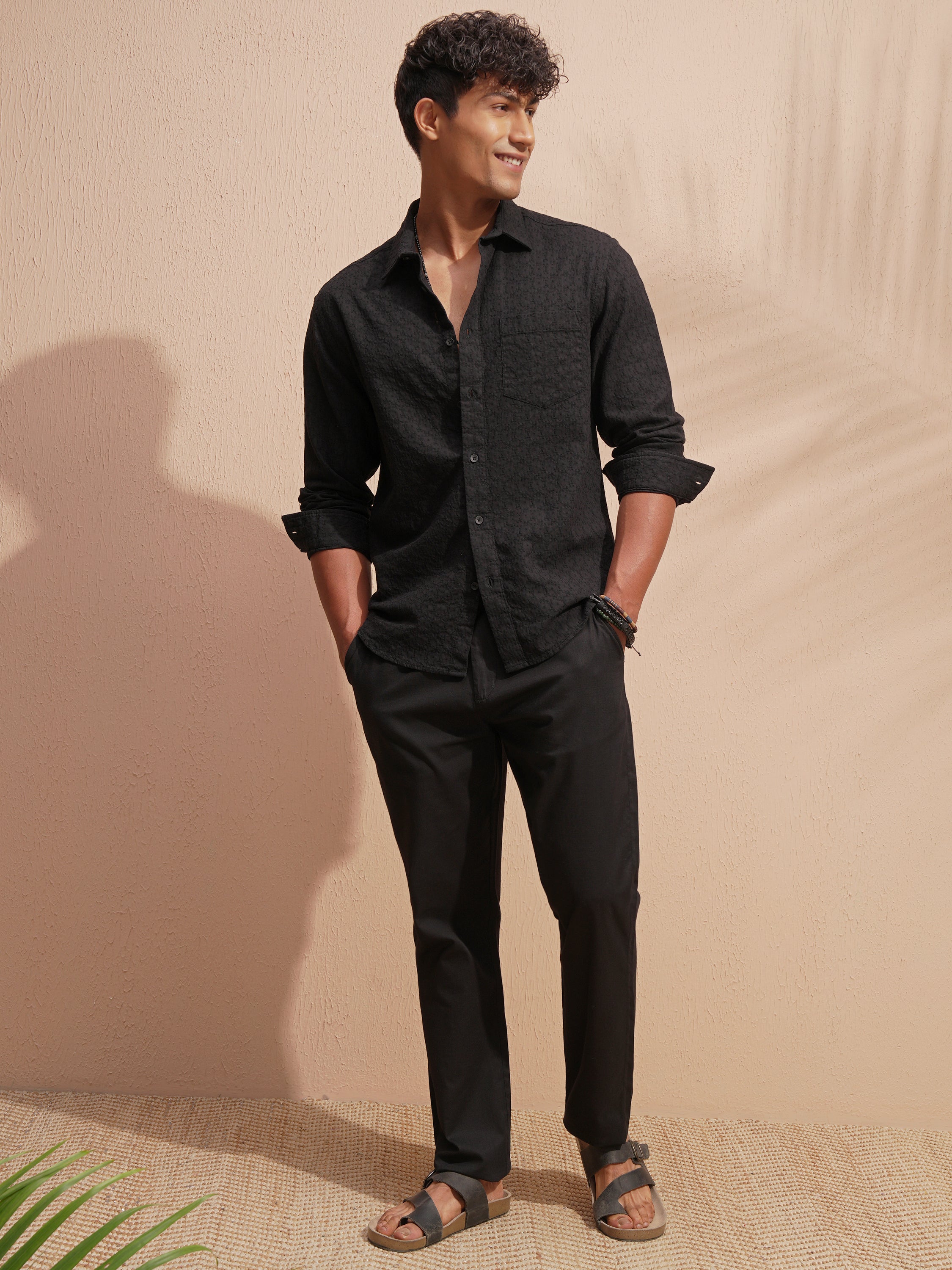 Highlander Men Black Self Design Relaxed Fit Casual Shirt - Black - Image 2
