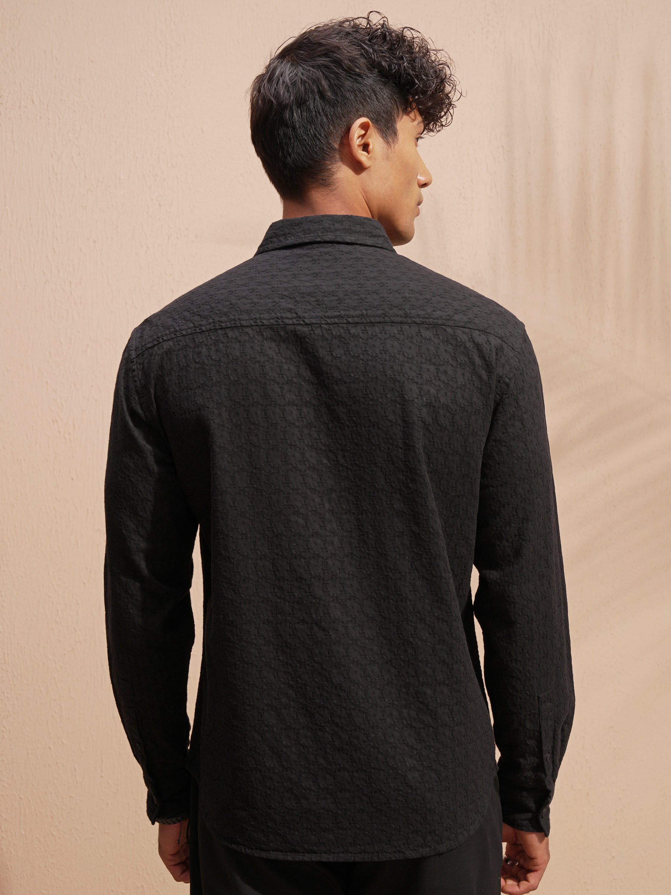 Highlander Men Black Self Design Relaxed Fit Casual Shirt - Black - Image 3