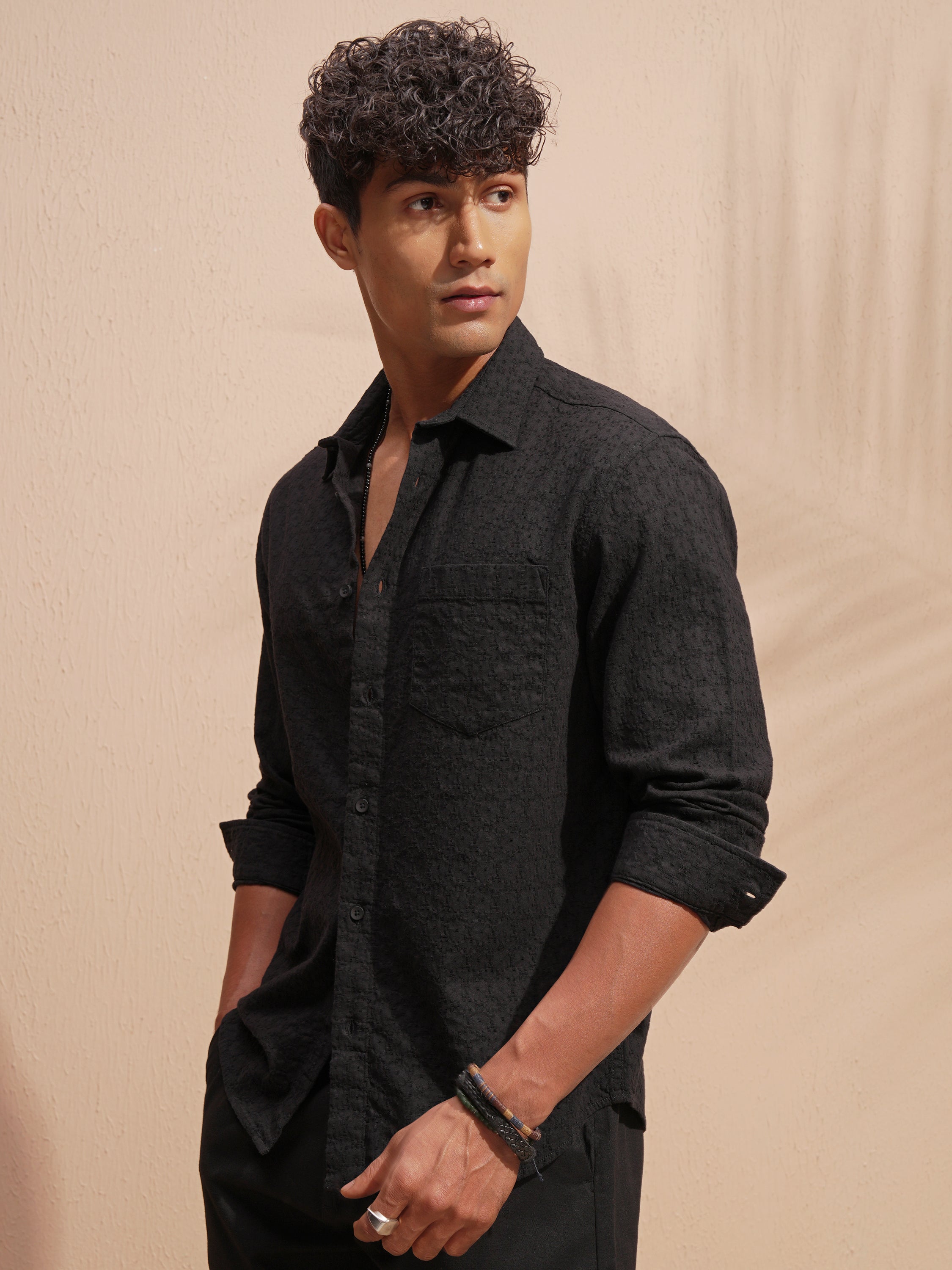 Highlander Men Black Self Design Relaxed Fit Casual Shirt - Black - Image 4