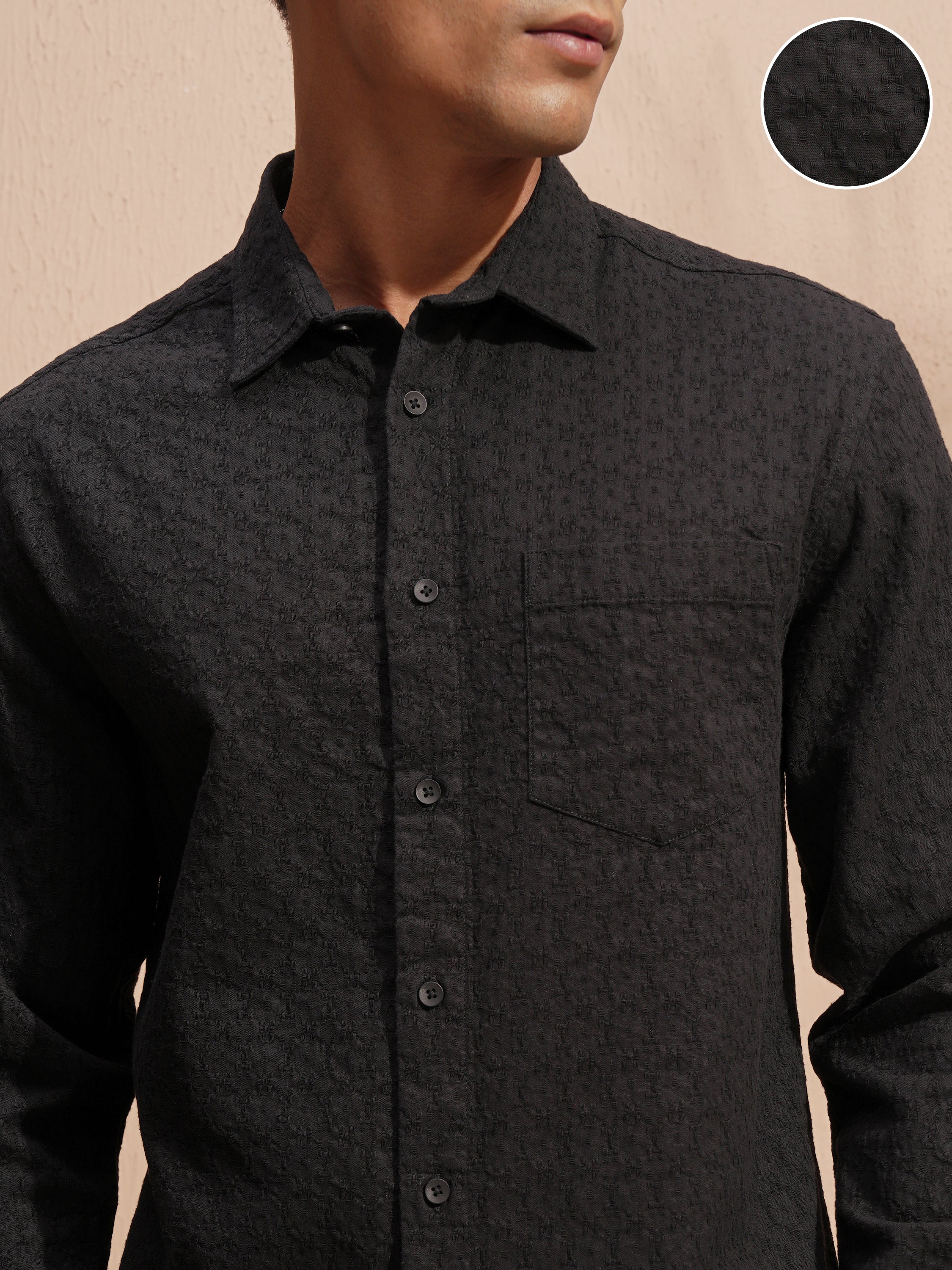 Highlander Men Black Self Design Relaxed Fit Casual Shirt - Black - Image 5