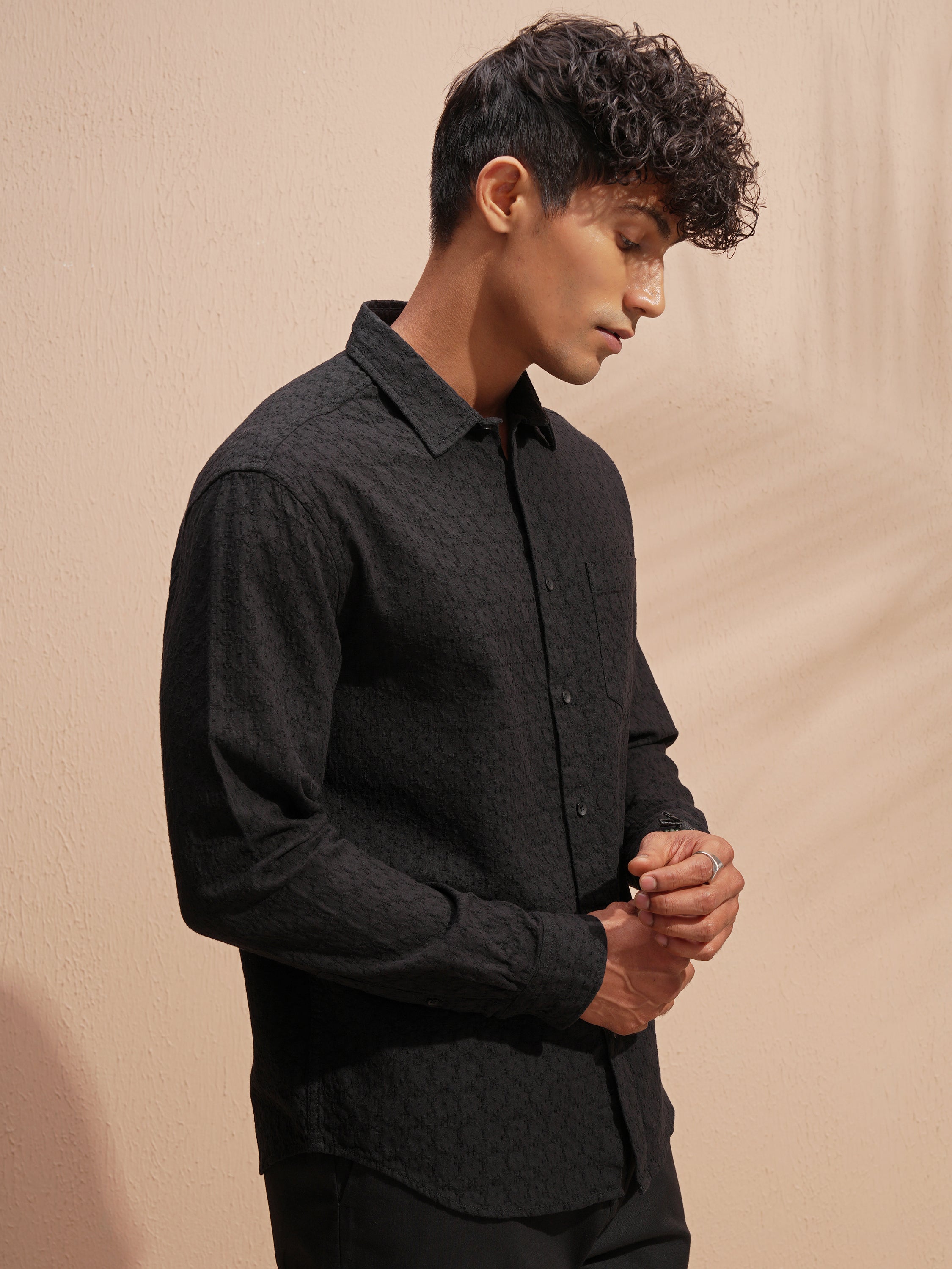 Highlander Men Black Self Design Relaxed Fit Casual Shirt - Black - Image 6
