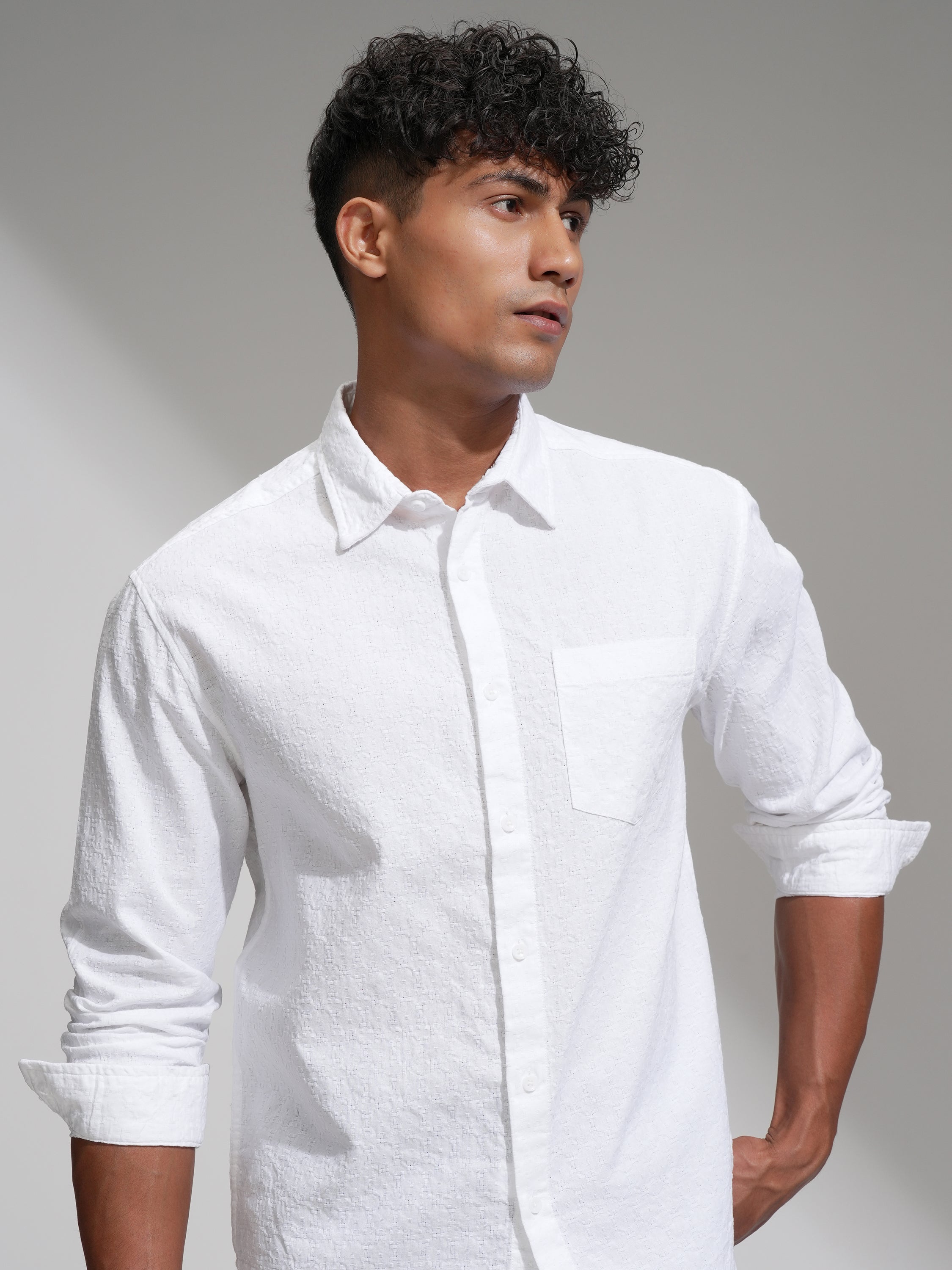 Highlander Men White Self Design Relaxed Fit Casual Shirt - White - Image 1