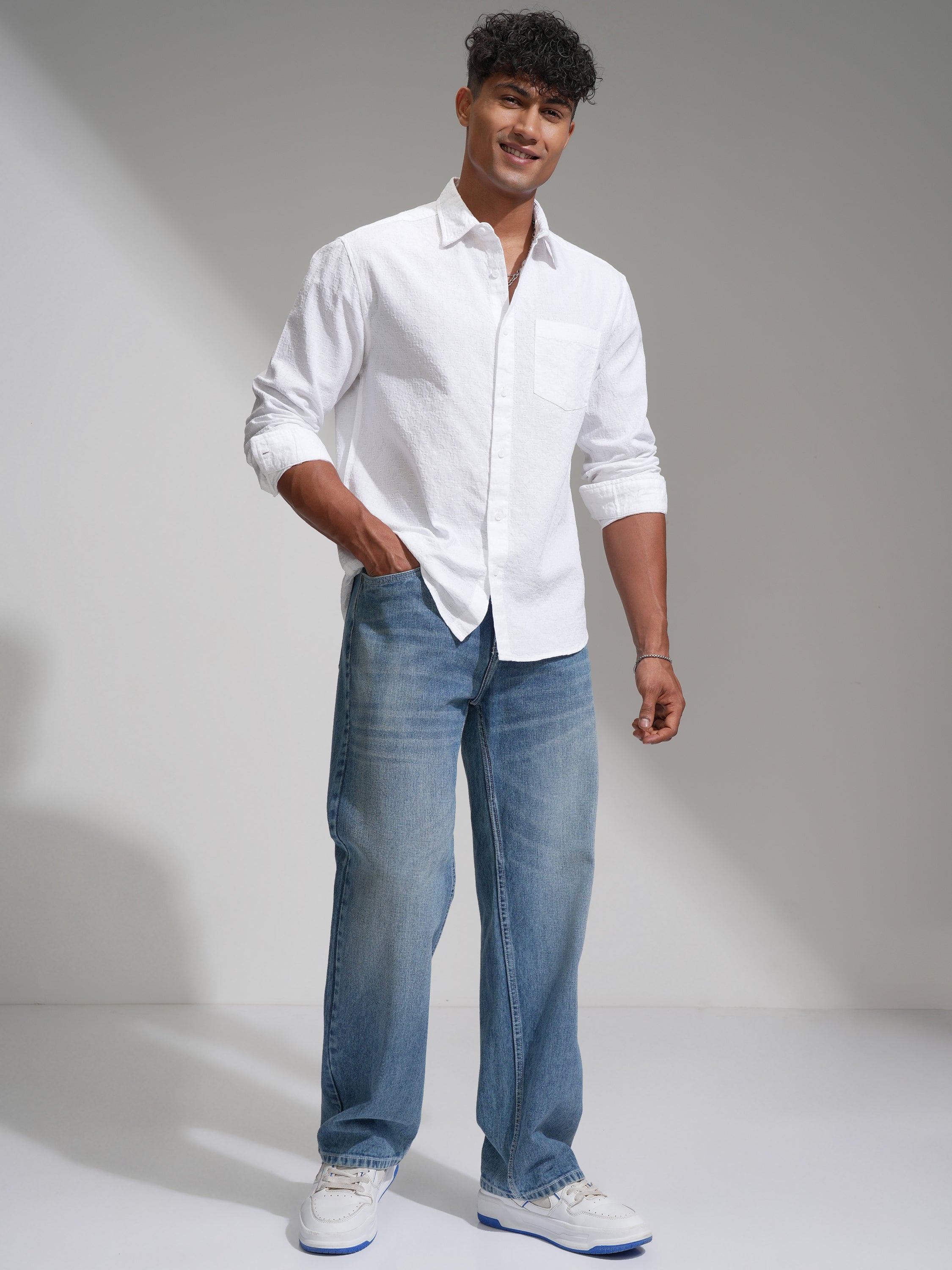 Highlander Men White Self Design Relaxed Fit Casual Shirt - White - Image 2
