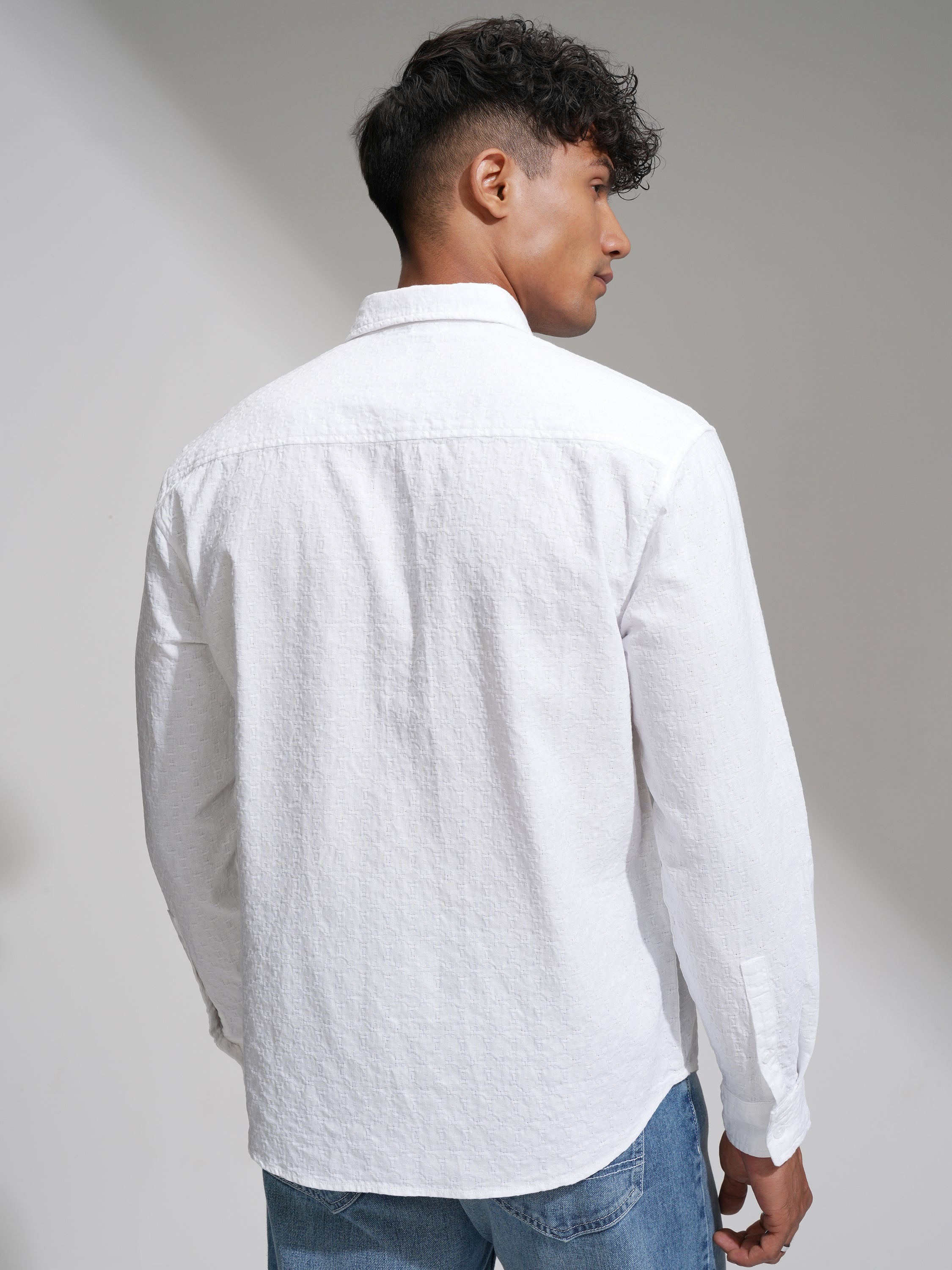 Highlander Men White Self Design Relaxed Fit Casual Shirt - White - Image 3