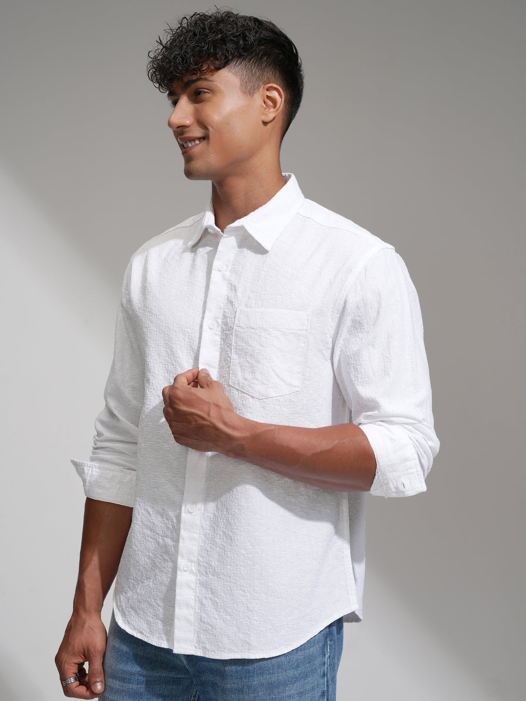 Highlander Men White Self Design Relaxed Fit Casual Shirt - White - Image 4