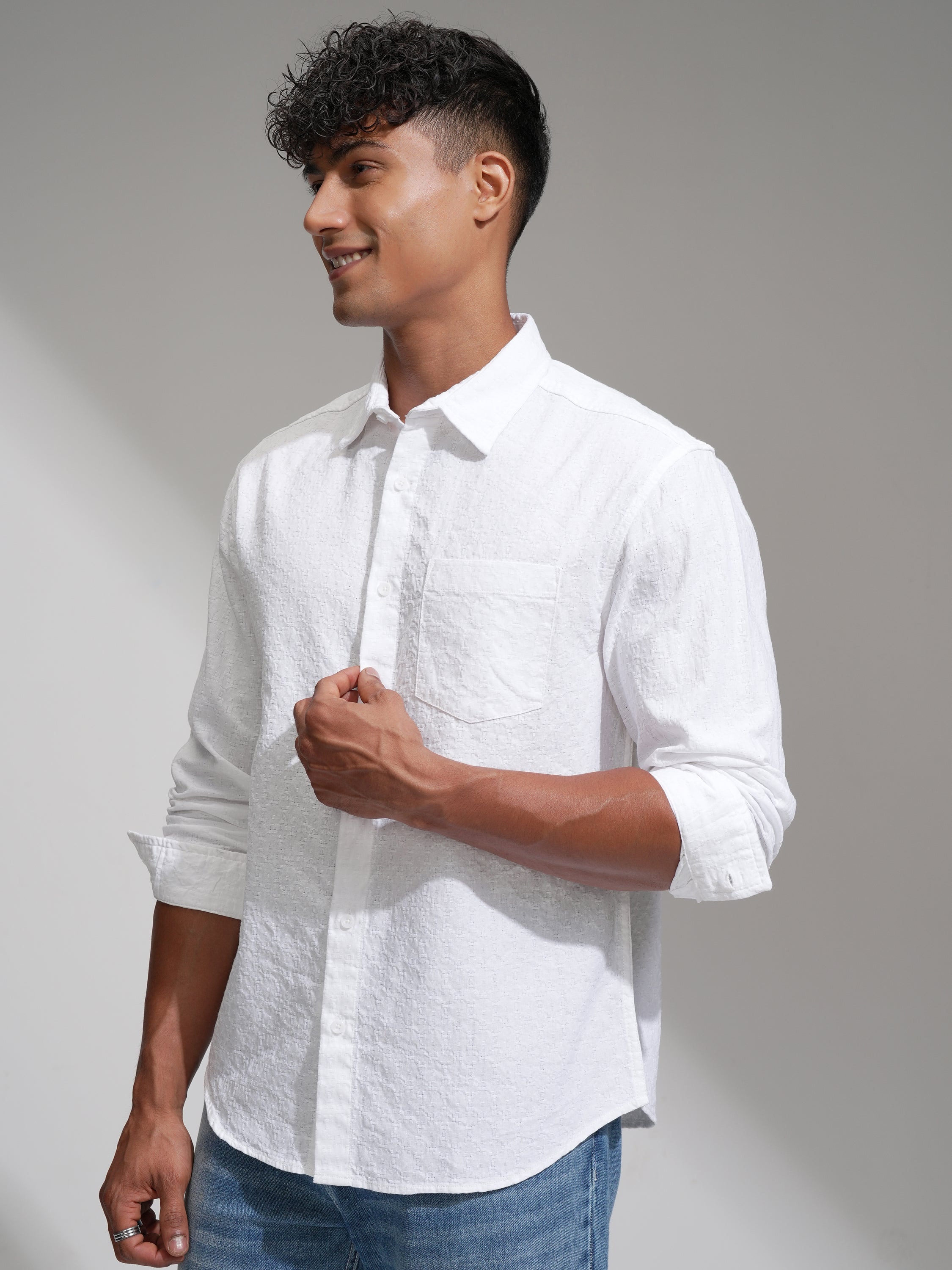 Highlander Men White Self Design Relaxed Fit Casual Shirt - White - Image 4