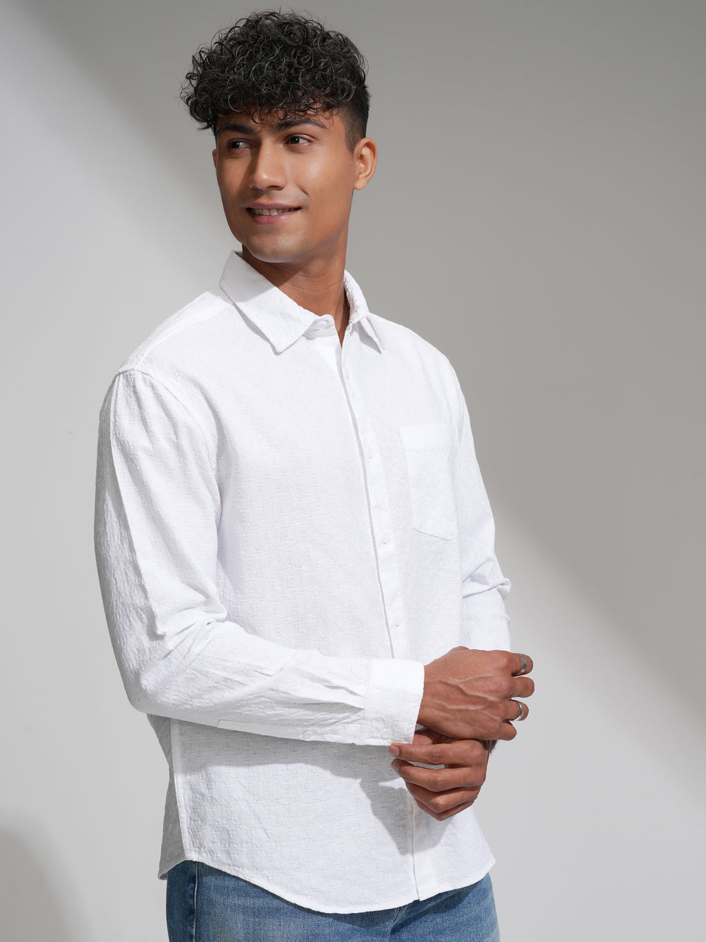 Highlander Men White Self Design Relaxed Fit Casual Shirt - White - Image 6