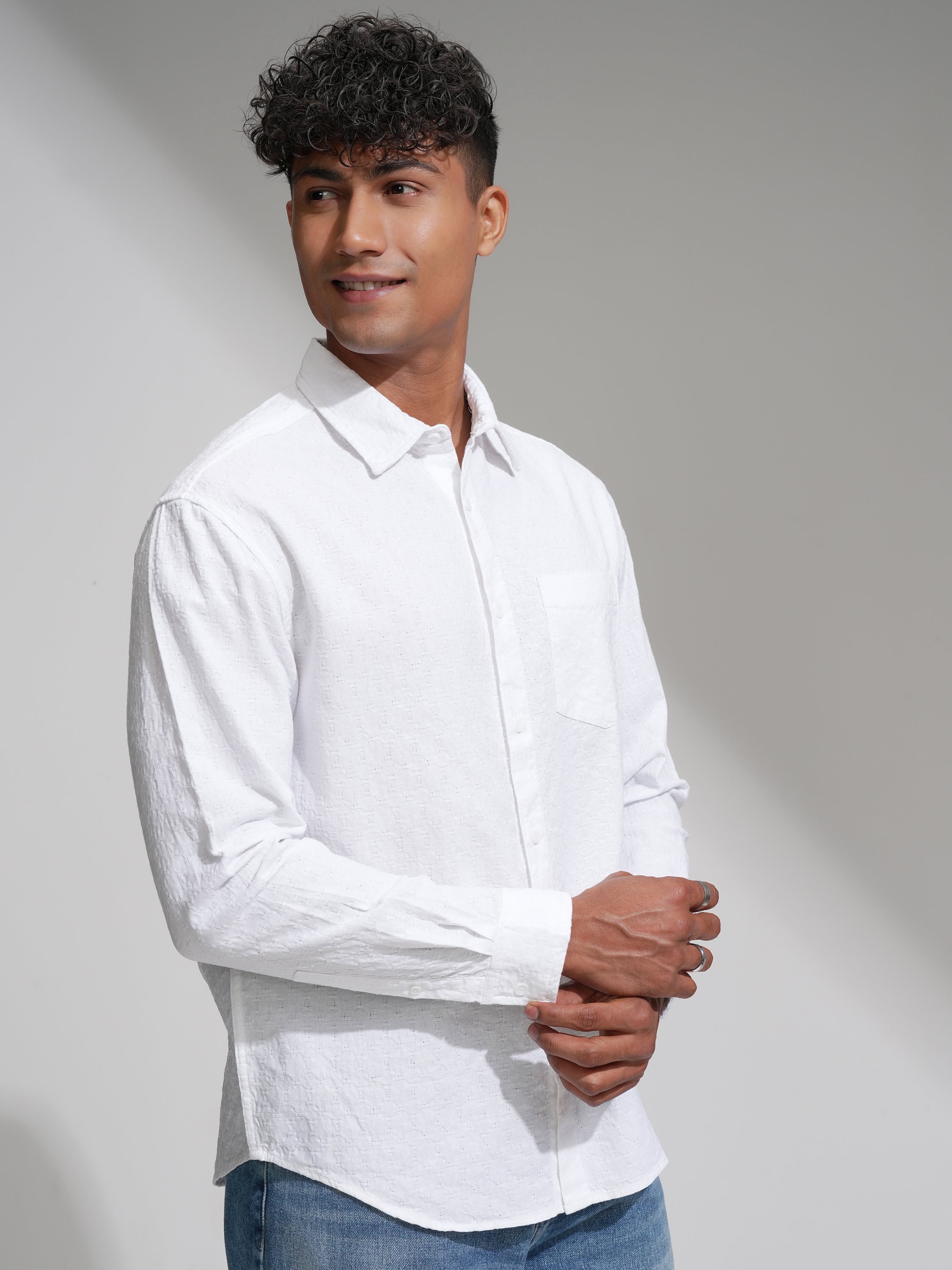 Highlander Men White Self Design Relaxed Fit Casual Shirt - White - Image 6