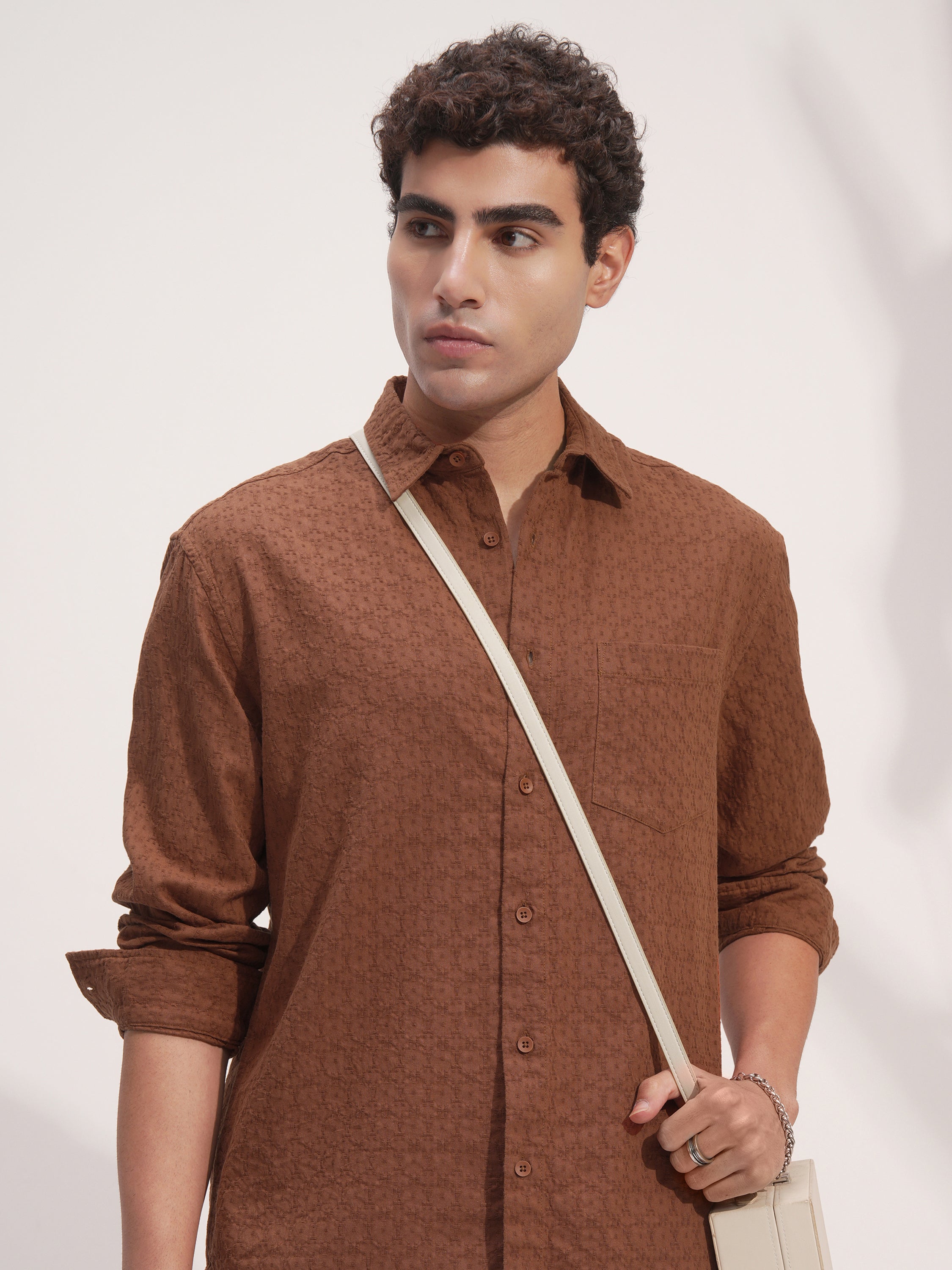 Highlander Men Rust Self Design Relaxed Fit Casual Shirt - Rust - Image 1