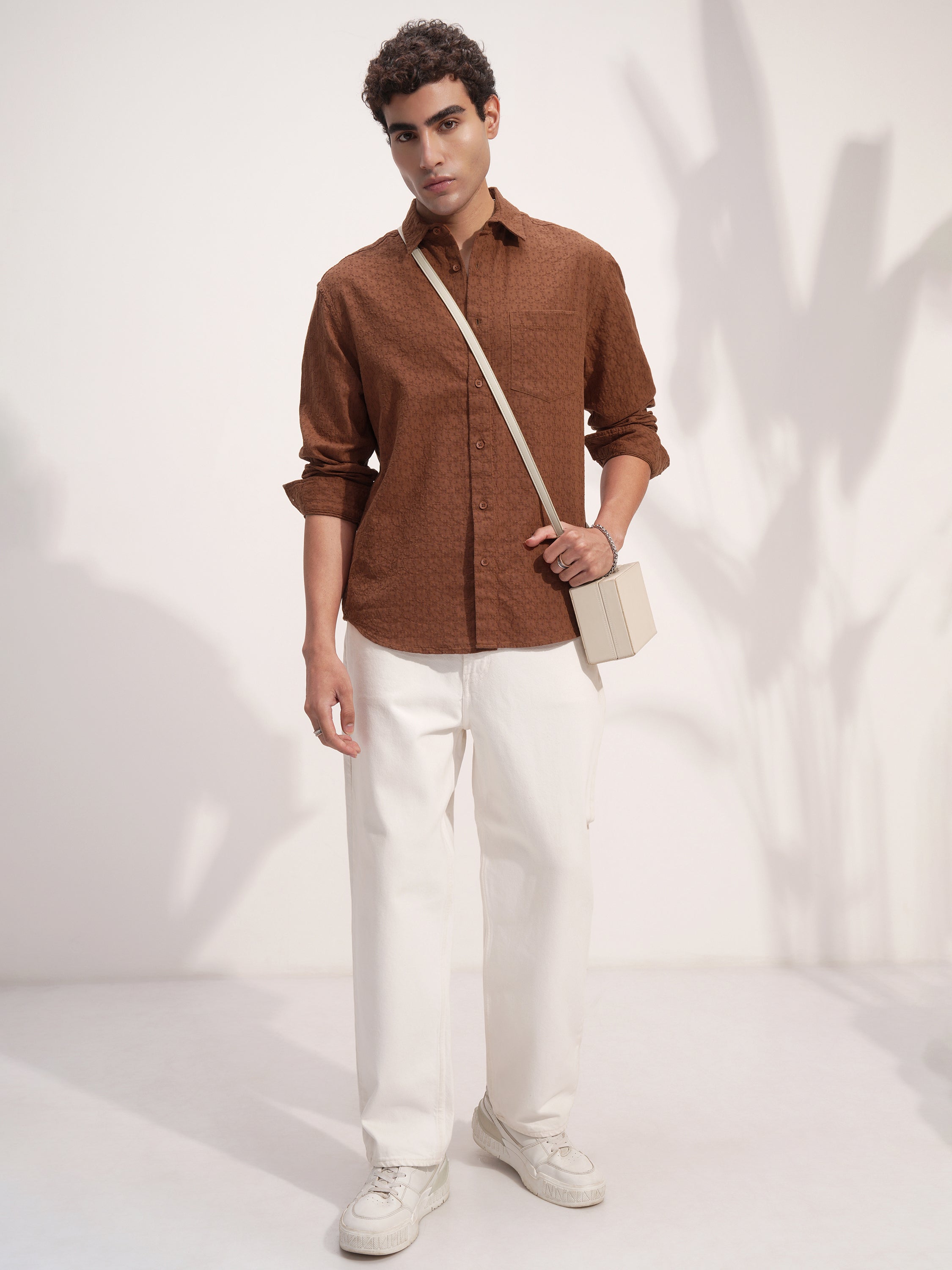 Highlander Men Rust Self Design Relaxed Fit Casual Shirt - Rust - Image 2