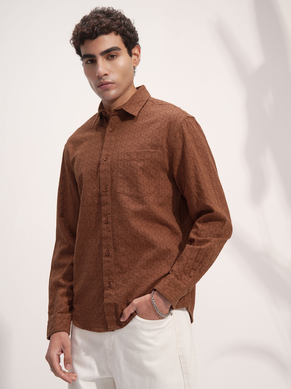 Highlander Men Rust Self Design Relaxed Fit Casual Shirt - Rust - Image 4