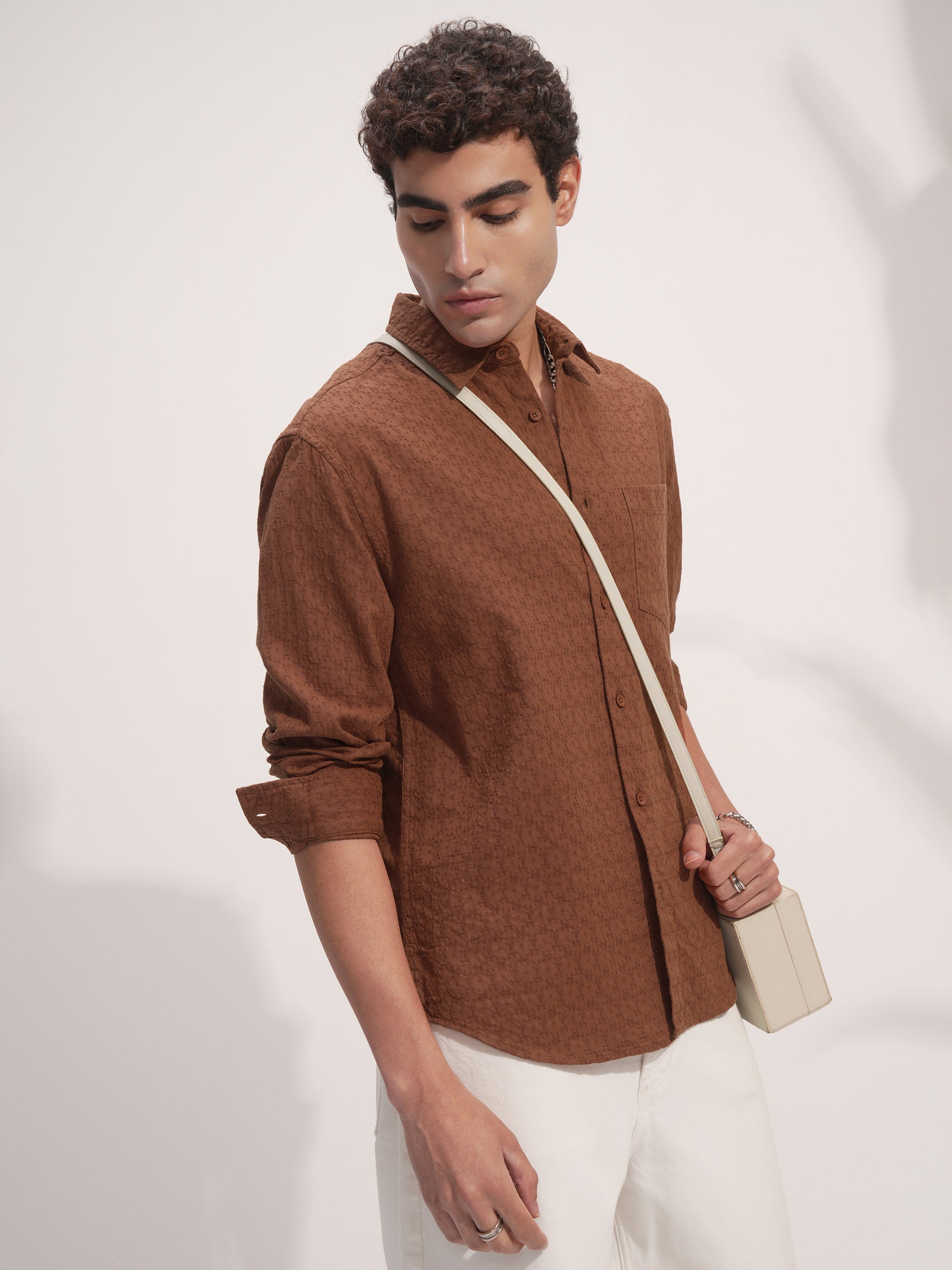 Highlander Men Rust Self Design Relaxed Fit Casual Shirt - Rust - Image 6