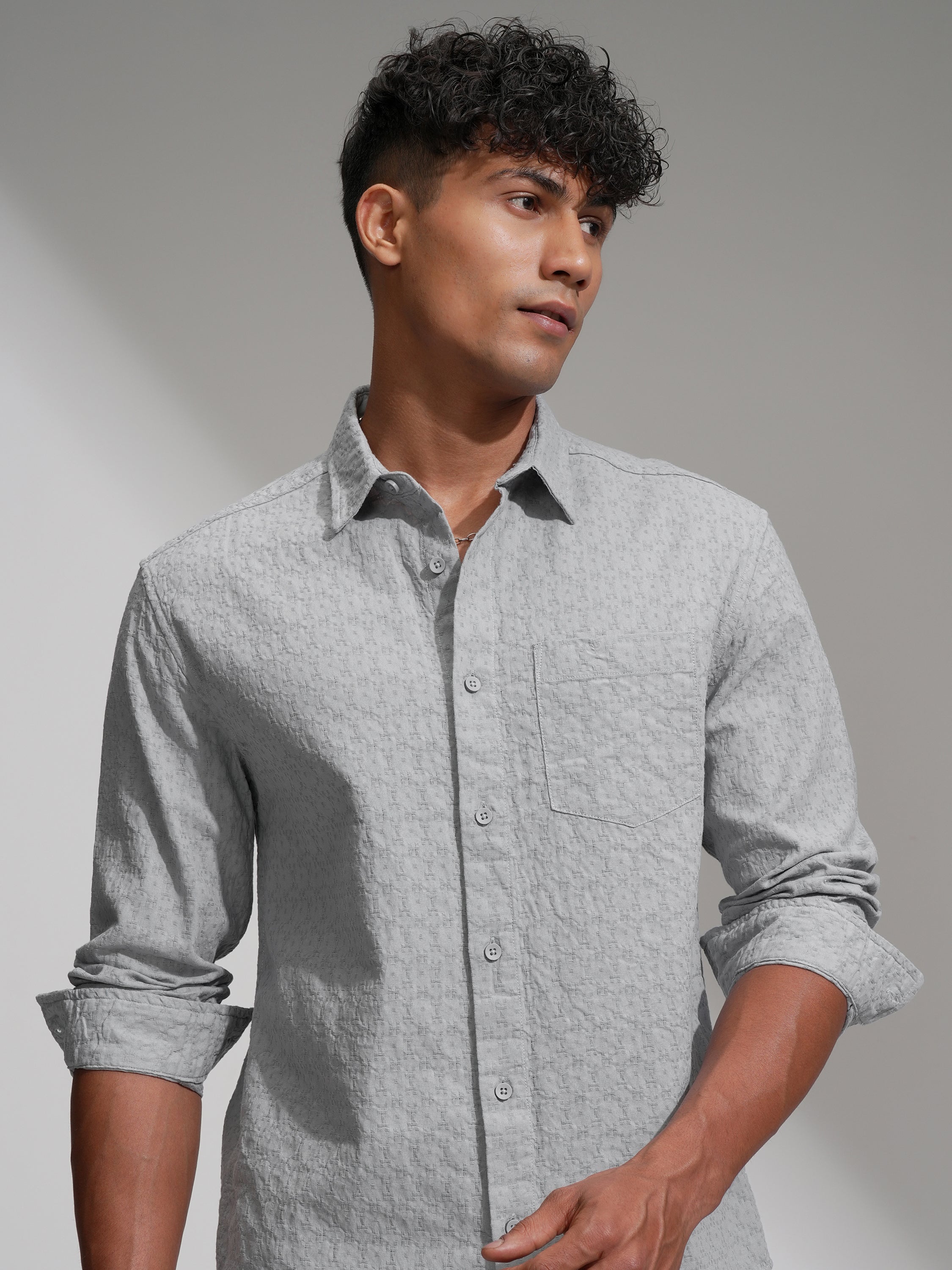Highlander Men Grey Self Design Relaxed Fit Casual Shirt - Grey - Image 1