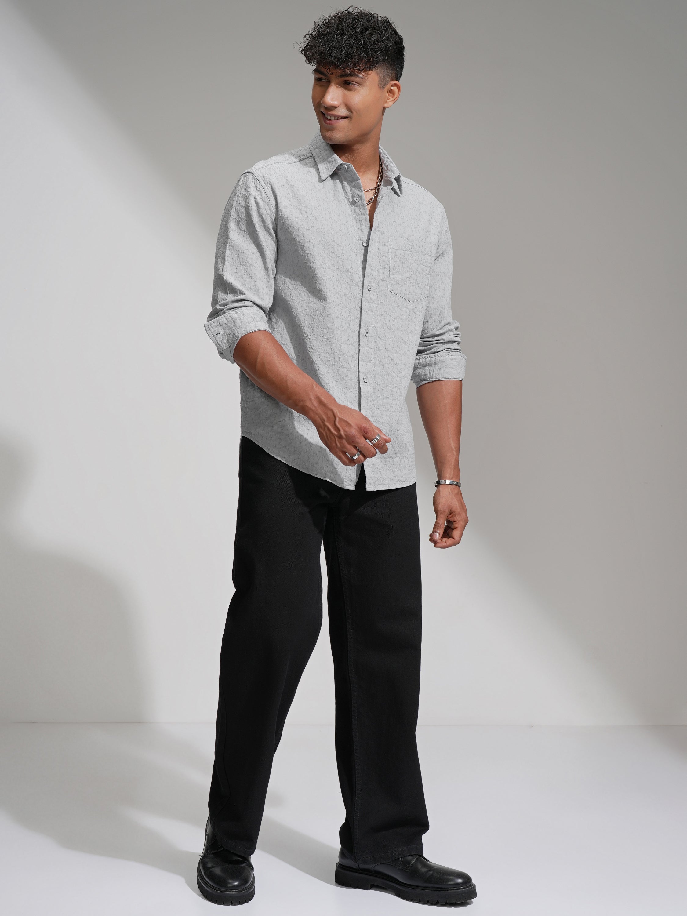 Highlander Men Grey Self Design Relaxed Fit Casual Shirt - Grey - Image 2