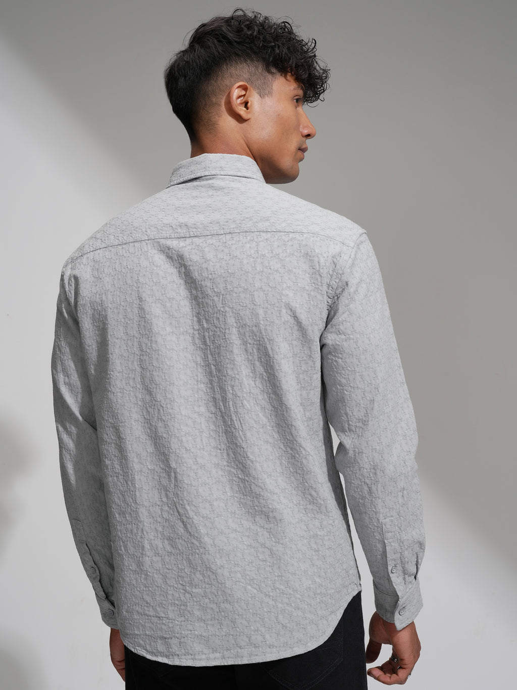Highlander Men Grey Self Design Relaxed Fit Casual Shirt - Grey - Image 3
