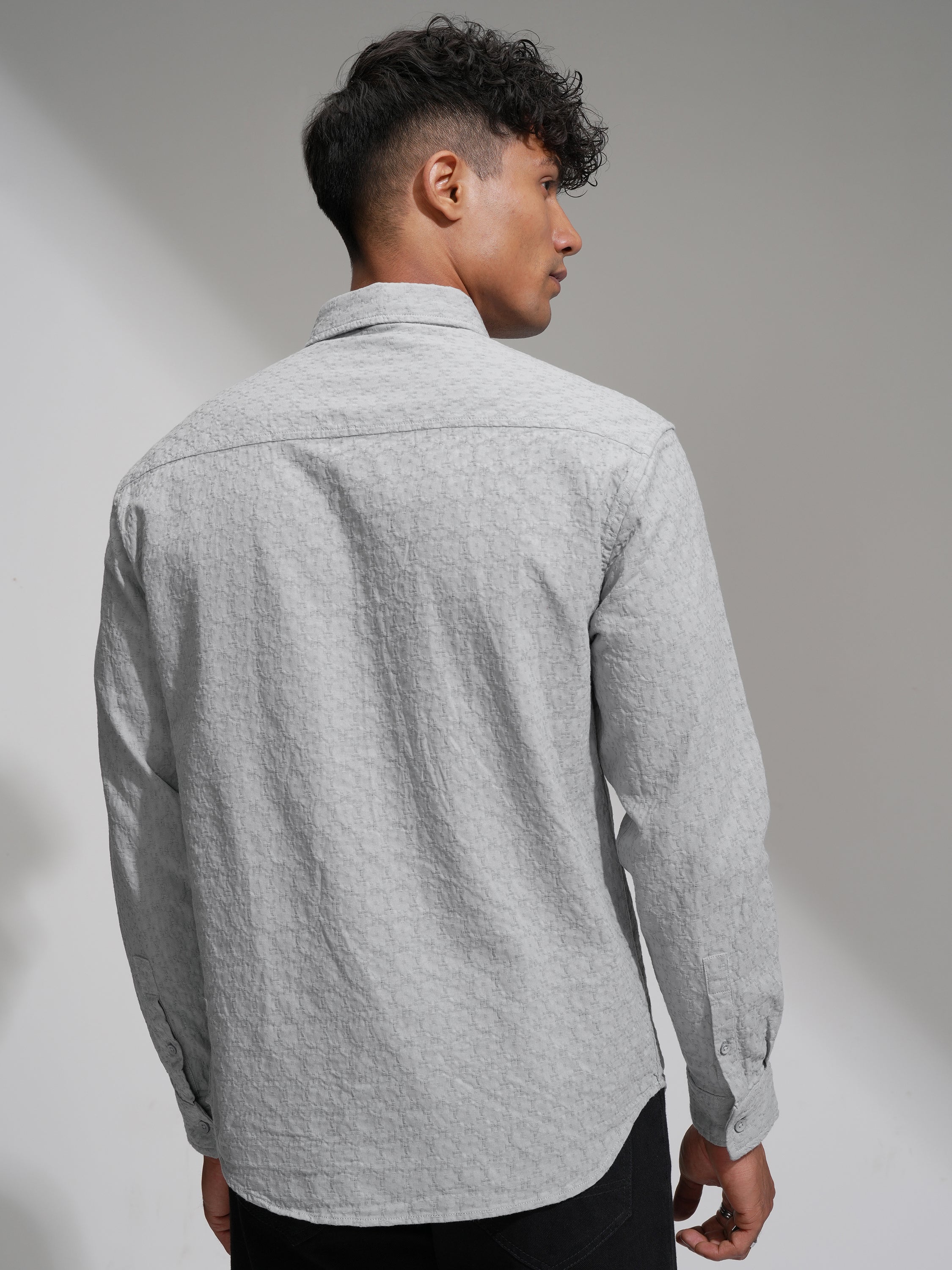 Highlander Men Grey Self Design Relaxed Fit Casual Shirt - Grey - Image 3