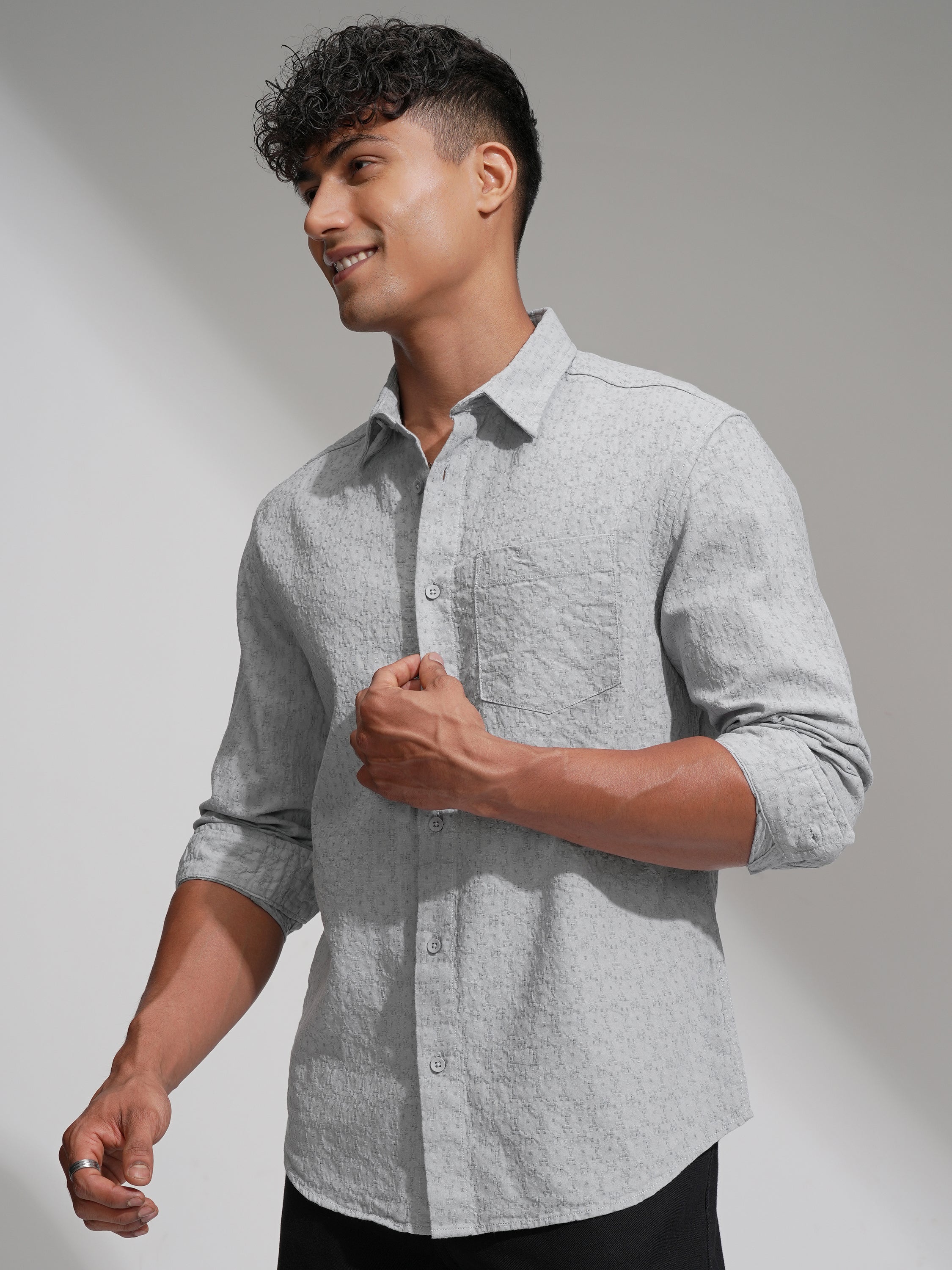Highlander Men Grey Self Design Relaxed Fit Casual Shirt - Grey - Image 4