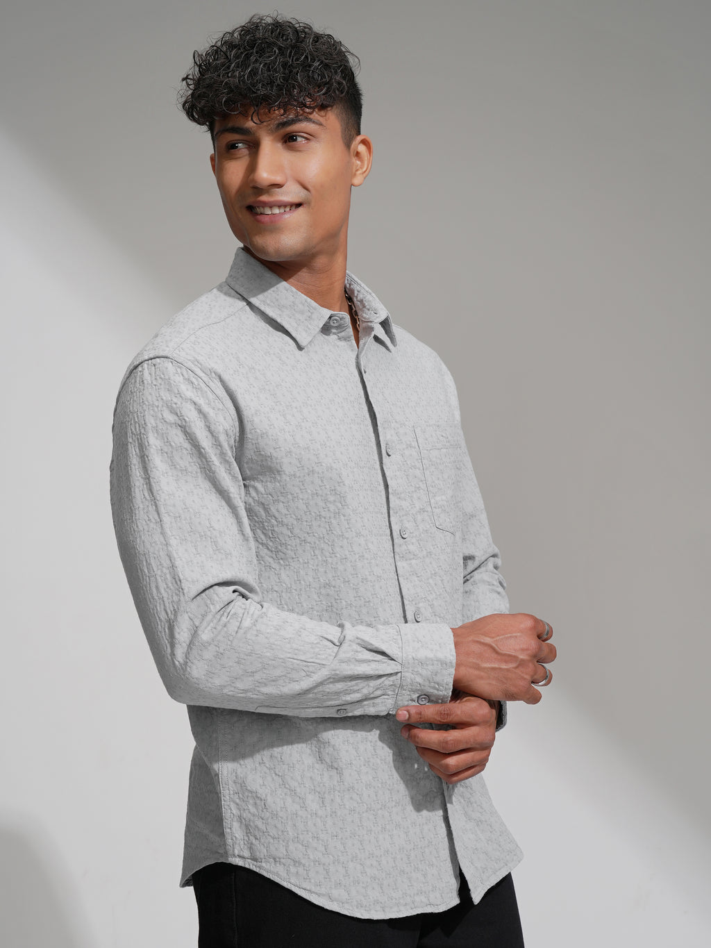Highlander Men Grey Self Design Relaxed Fit Casual Shirt - Grey - Image 6