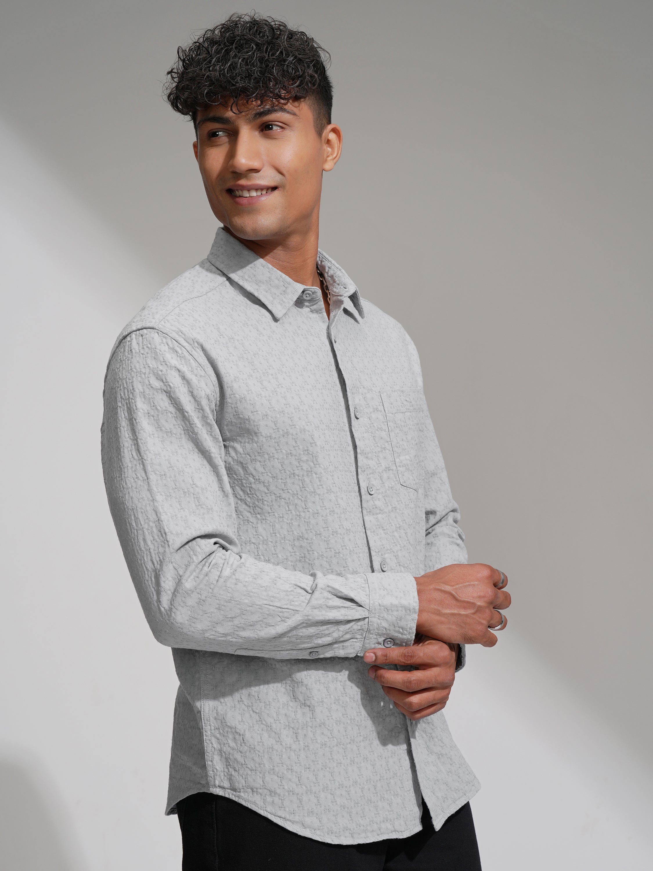 Highlander Men Grey Self Design Relaxed Fit Casual Shirt - Grey - Image 6