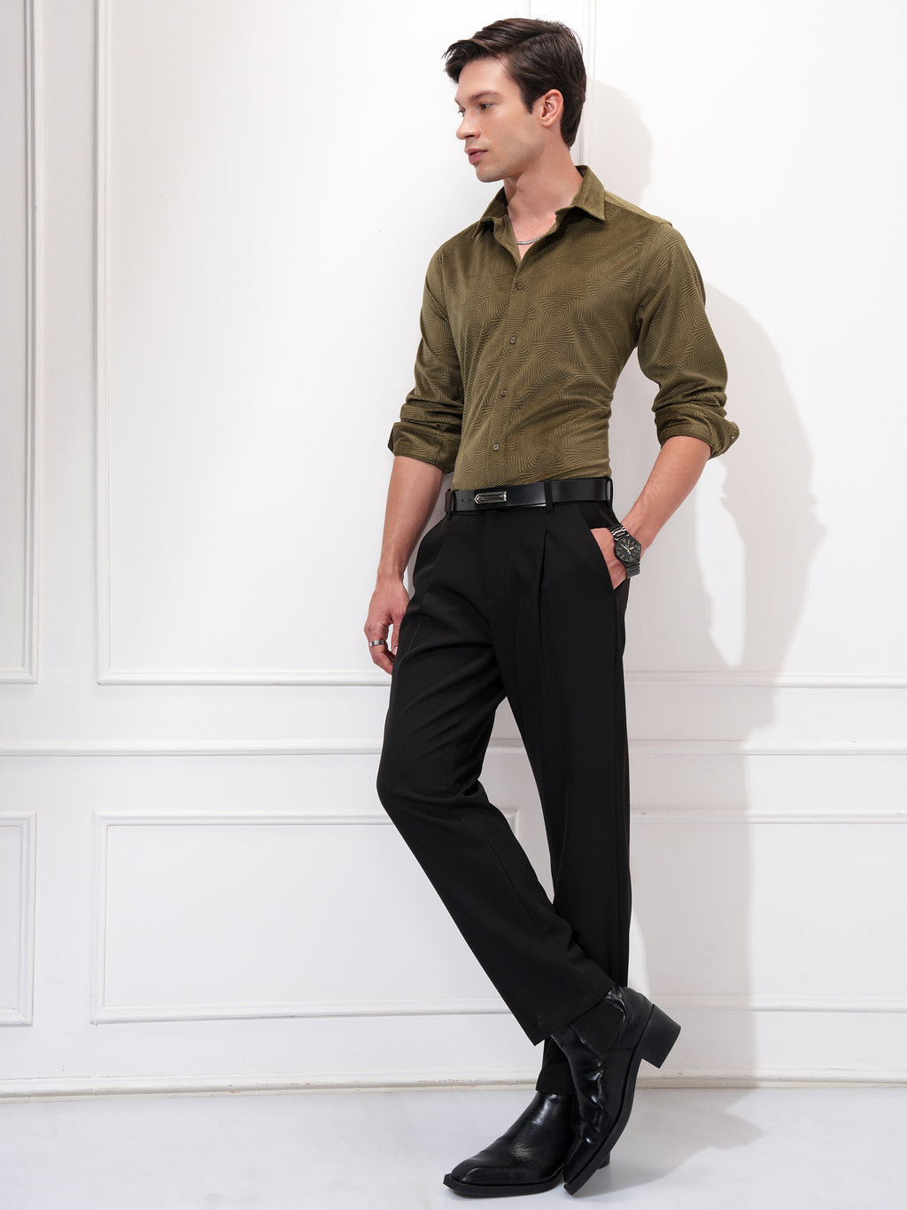 Highlander Men Olive Self Design Slim Fit Casual Shirt - Olive - Image 2