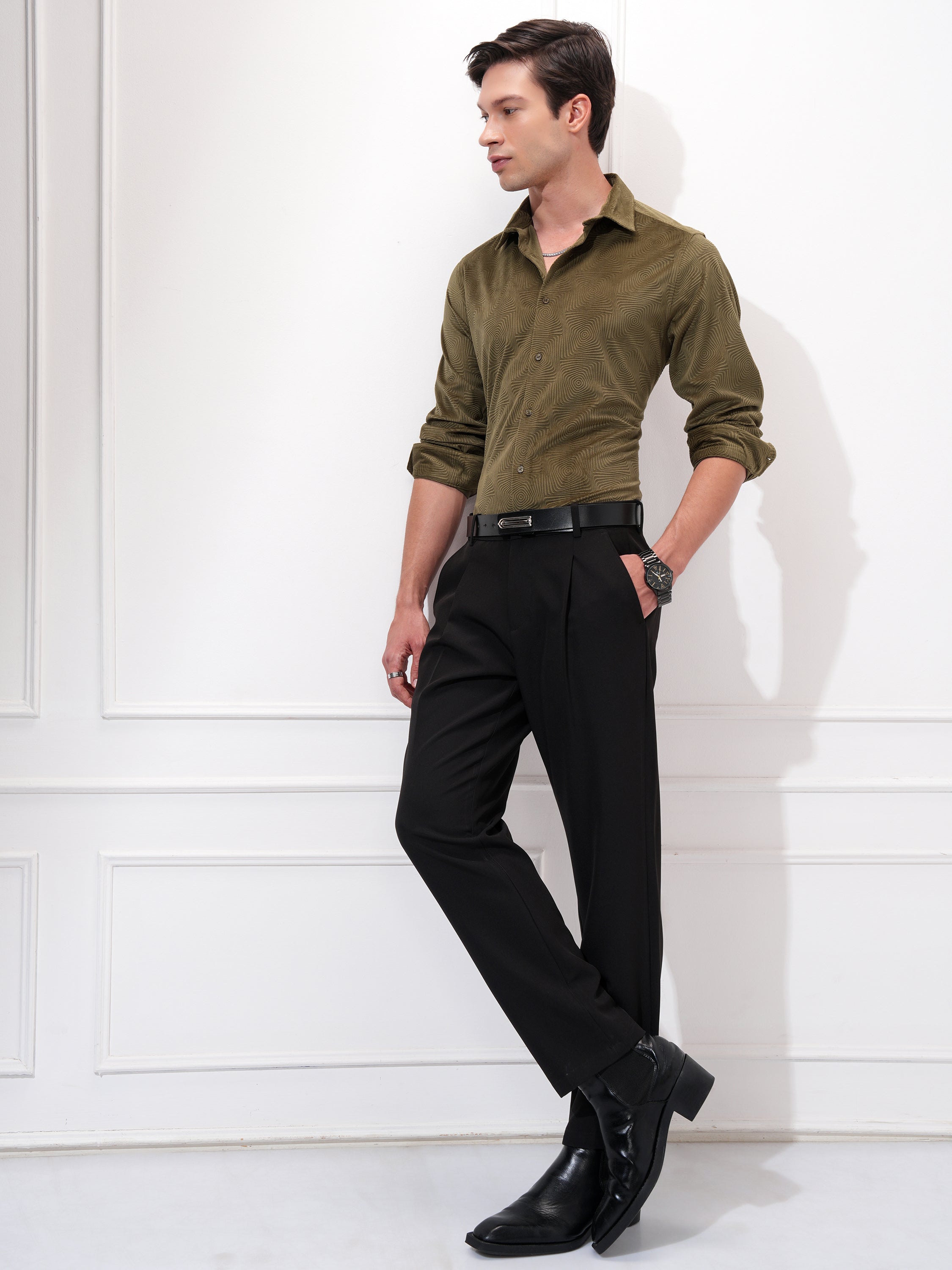 Highlander Men Olive Self Design Slim Fit Casual Shirt - Olive - Image 2