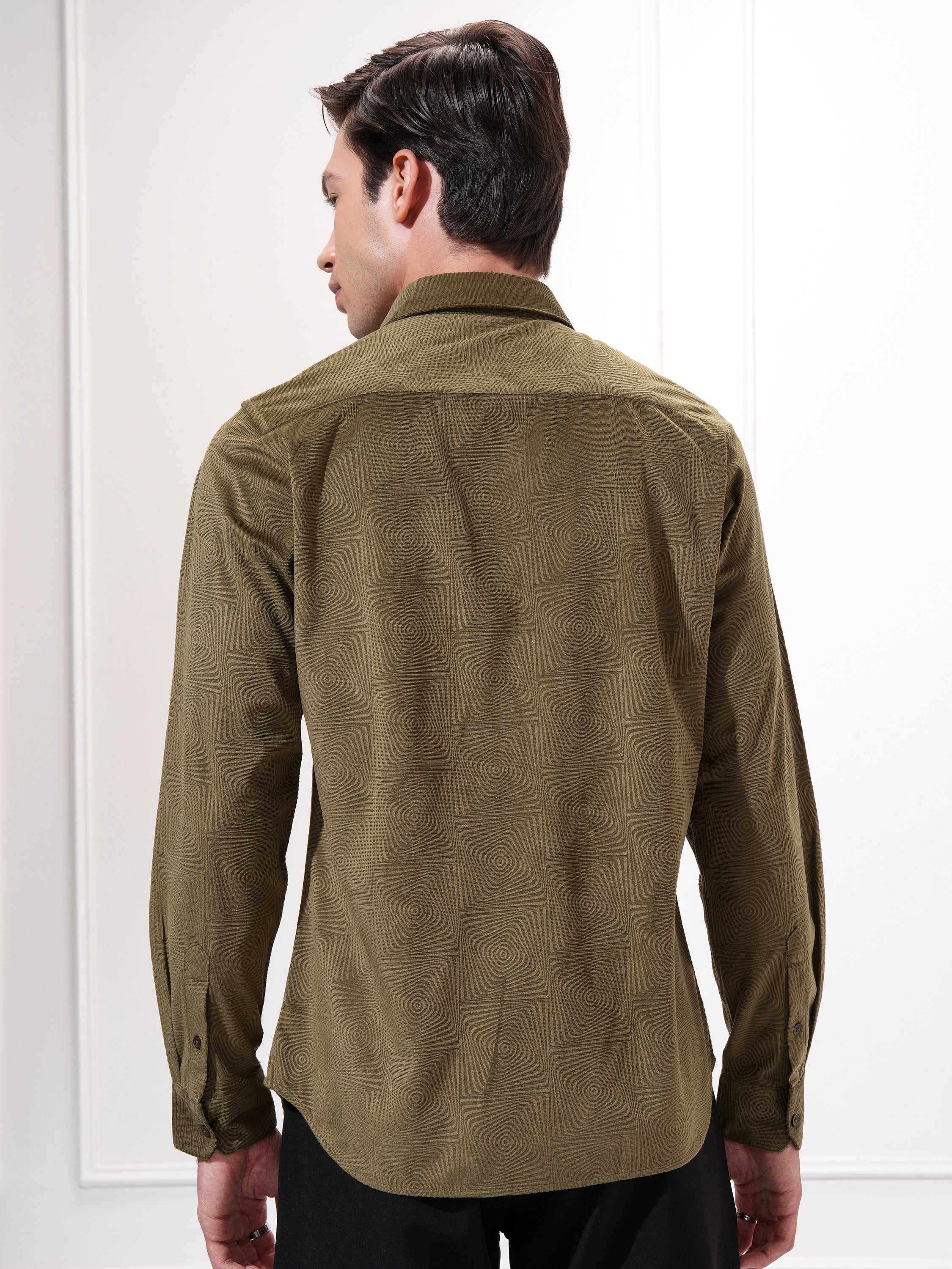 Highlander Men Olive Self Design Slim Fit Casual Shirt - Olive - Image 3