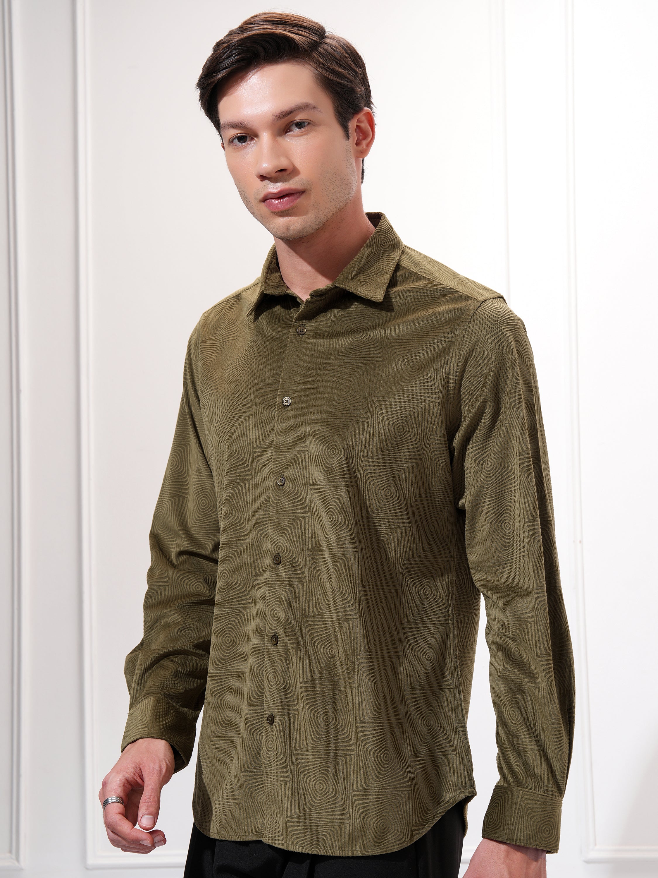 Highlander Men Olive Self Design Slim Fit Casual Shirt - Olive - Image 4