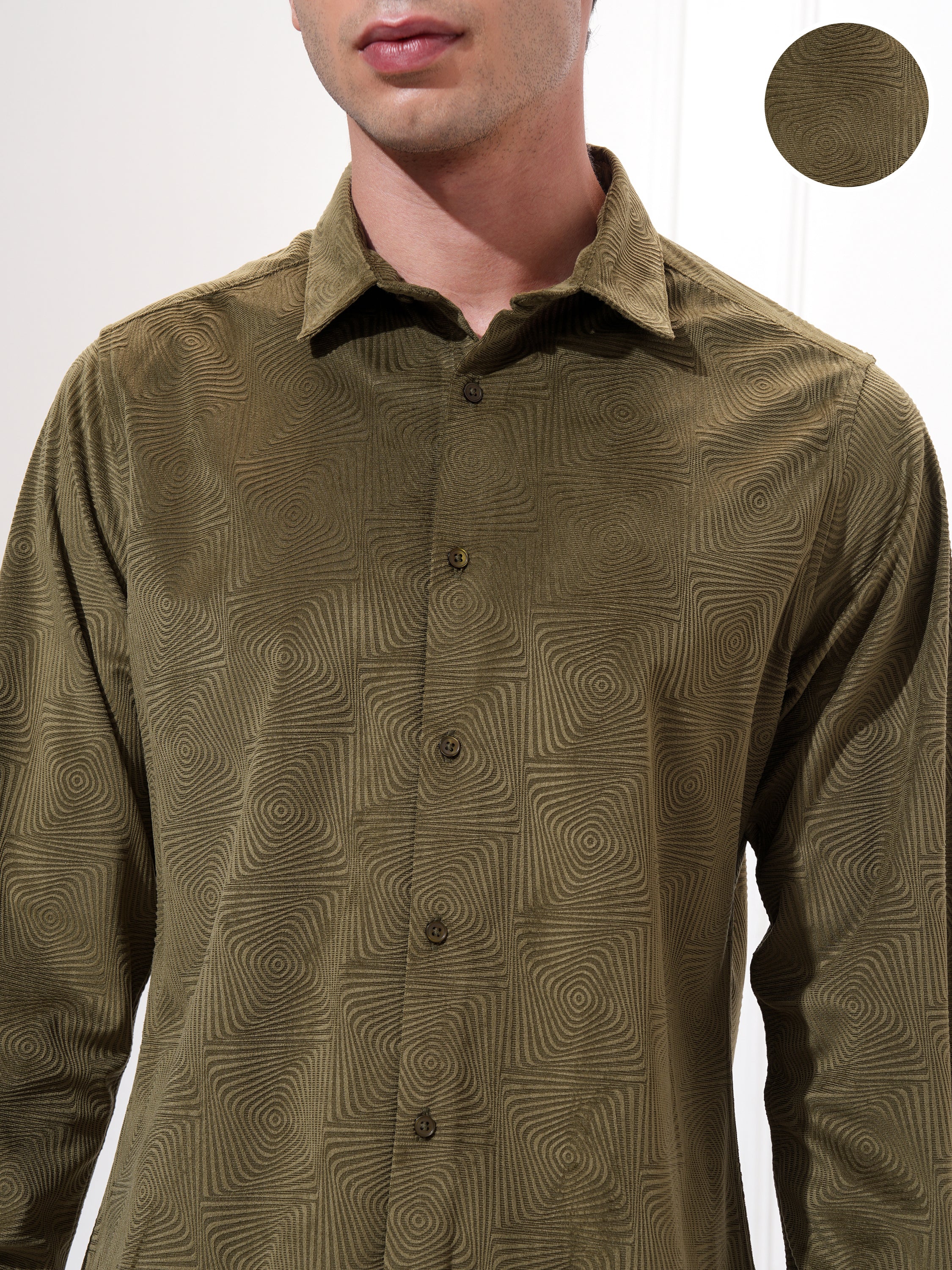 Highlander Men Olive Self Design Slim Fit Casual Shirt - Olive - Image 5