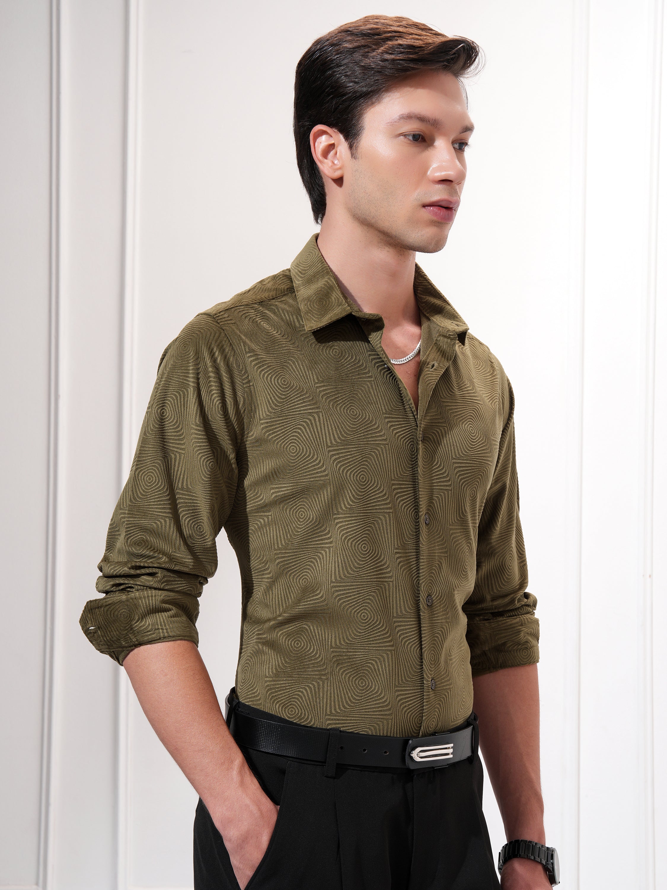 Highlander Men Olive Self Design Slim Fit Casual Shirt - Olive - Image 6