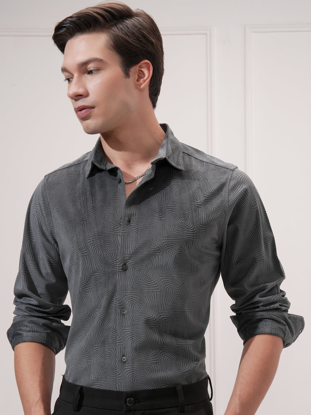 Highlander Men Grey Self Design Slim Fit Casual Shirt - Grey - Image 1