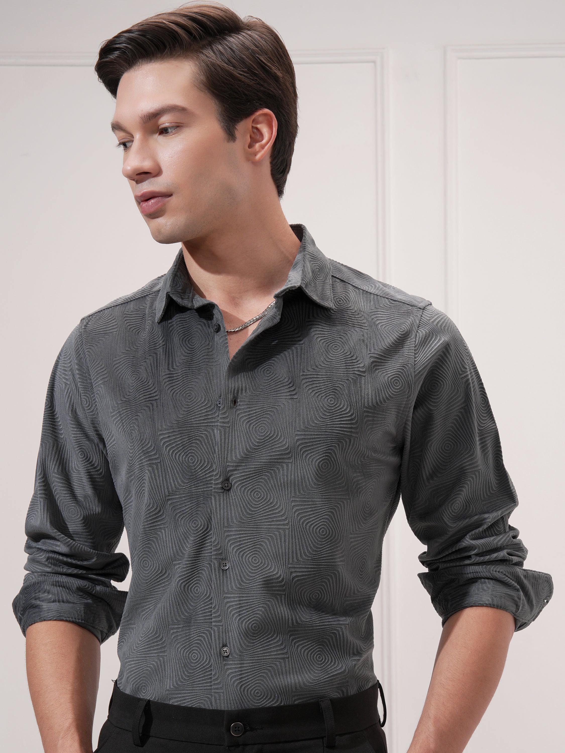 Highlander Men Grey Self Design Slim Fit Casual Shirt - Grey - Image 1