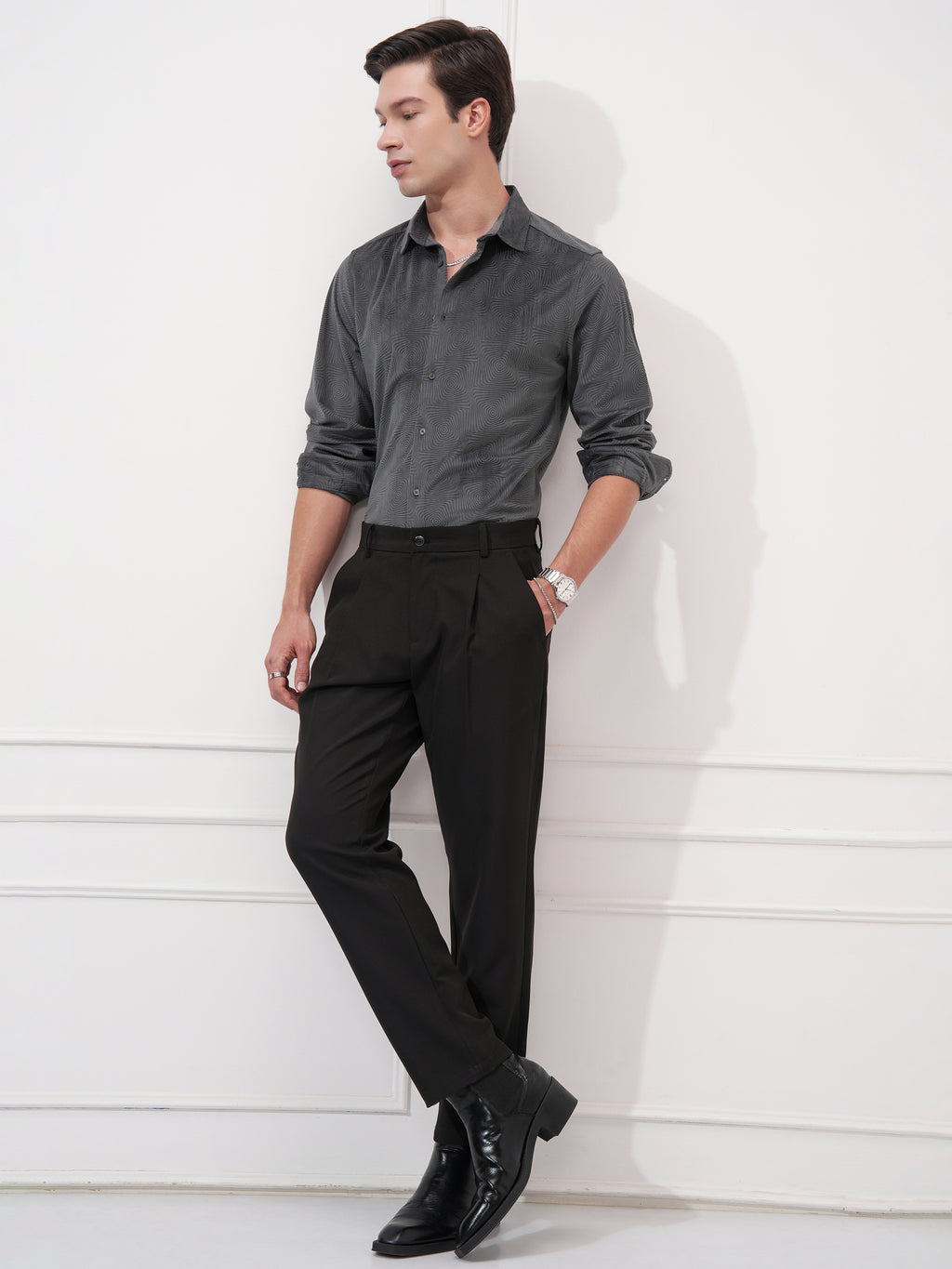 Highlander Men Grey Self Design Slim Fit Casual Shirt - Grey - Image 2