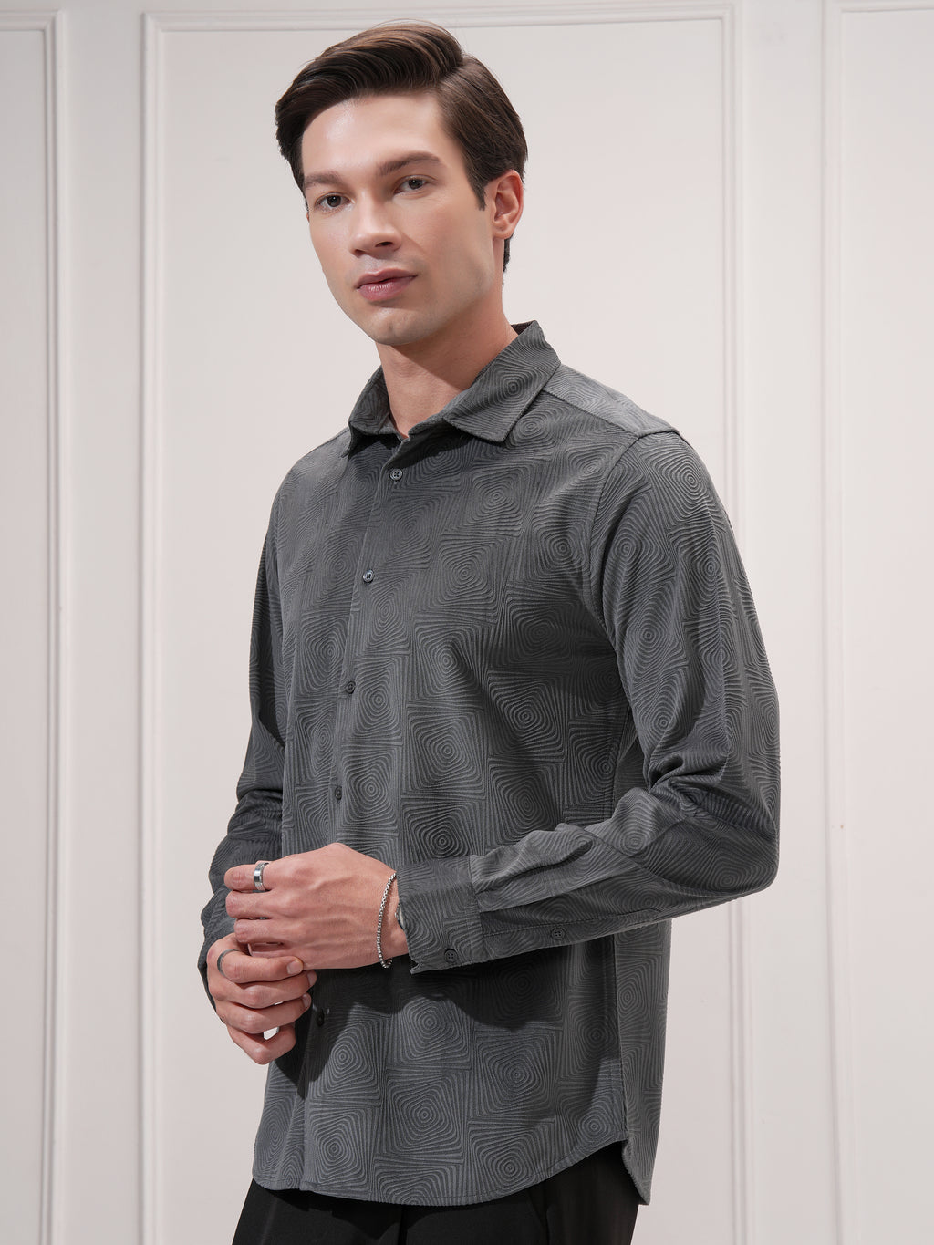 Highlander Men Grey Self Design Slim Fit Casual Shirt - Grey - Image 4
