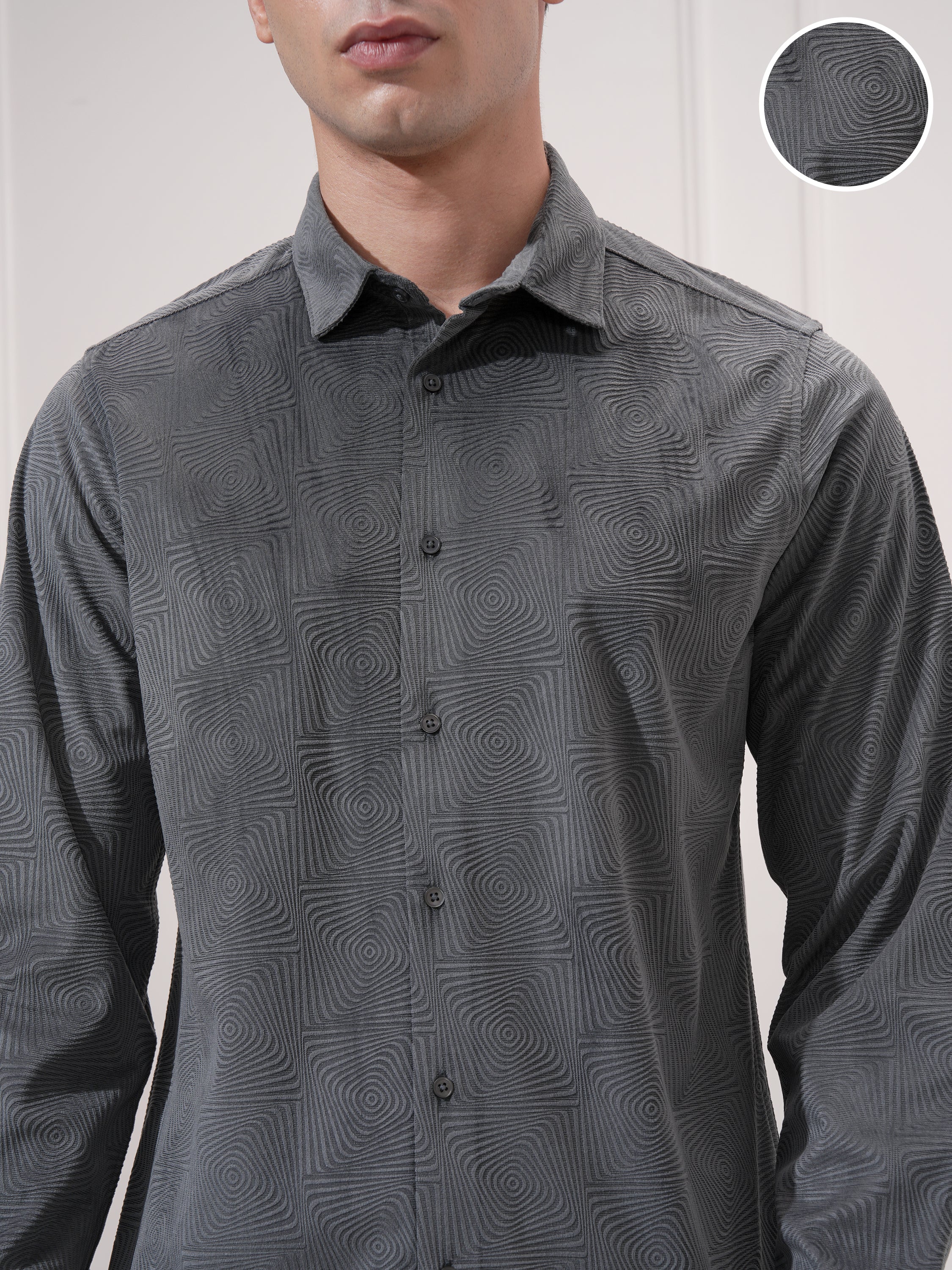 Highlander Men Grey Self Design Slim Fit Casual Shirt - Grey - Image 5